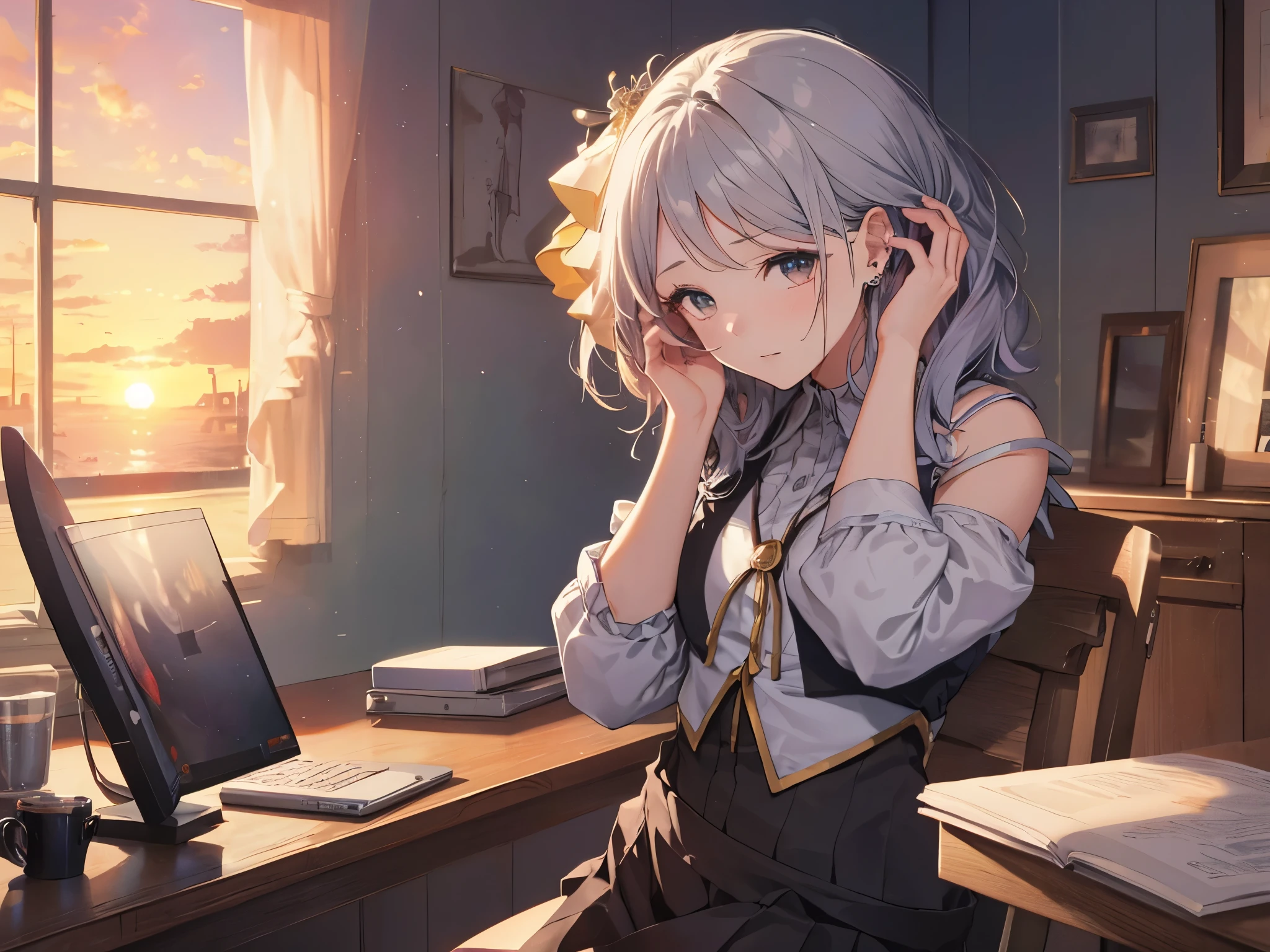 Solo, 1 girl, (human ears, earrings), (anime face), (((sitting, hands on head))), (black casual dress with ruffled sleeves, black skirt with ruffles), ( sunset sky, sunset sun) , evening sky), (focus on chest, oblique angle), (high resolution, masterpiece, accurate, anatomically correct, multiple award winning, top quality, detailed, high quality model, high quality , retina, highly detailed, textured skin, ultra-high resolution).