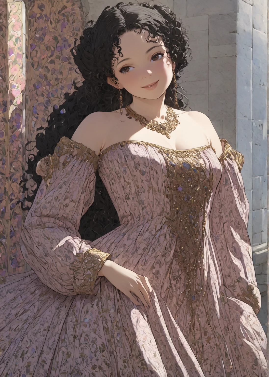 1 girl tiny body, large head, little fat, smile, half open mouth, brown eyes, forehead, black curly hair, low twintails hair, floral pattern medieval aristocratic luxury clothes, Decolletage, medium tits, open clothes, morning, cute action, shy, looking away, George Barbier: Art-Déco style,