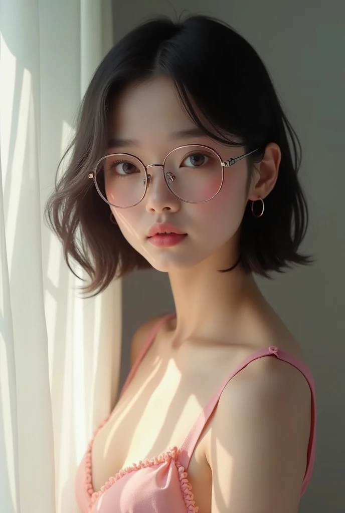 (best quality, masterpiece), 1girl, dappled sunlight, indoors, glasses, shy, 1 girl, young girl, (goosebumps:0.7), beautiful face, (eyeliner, lipstick:0.9), 4k, 8k, uhd, hdr, detailed background, background