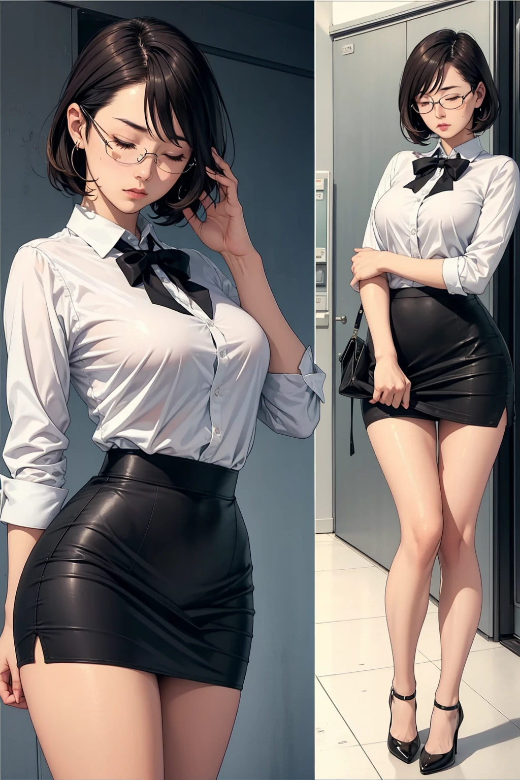 Prompt 16 year old girl Asian and challenging face with glasses slim build Japan long plump legs and big thighs, big ass and small breasts, with a very short gray skirt and long black leggings and a green sweater, ella esta haciendo poses sexys y muy hots, vista desde atras, It has many details, animation with HDR and shadows, the highest resolution, y fondo en la biblioteca