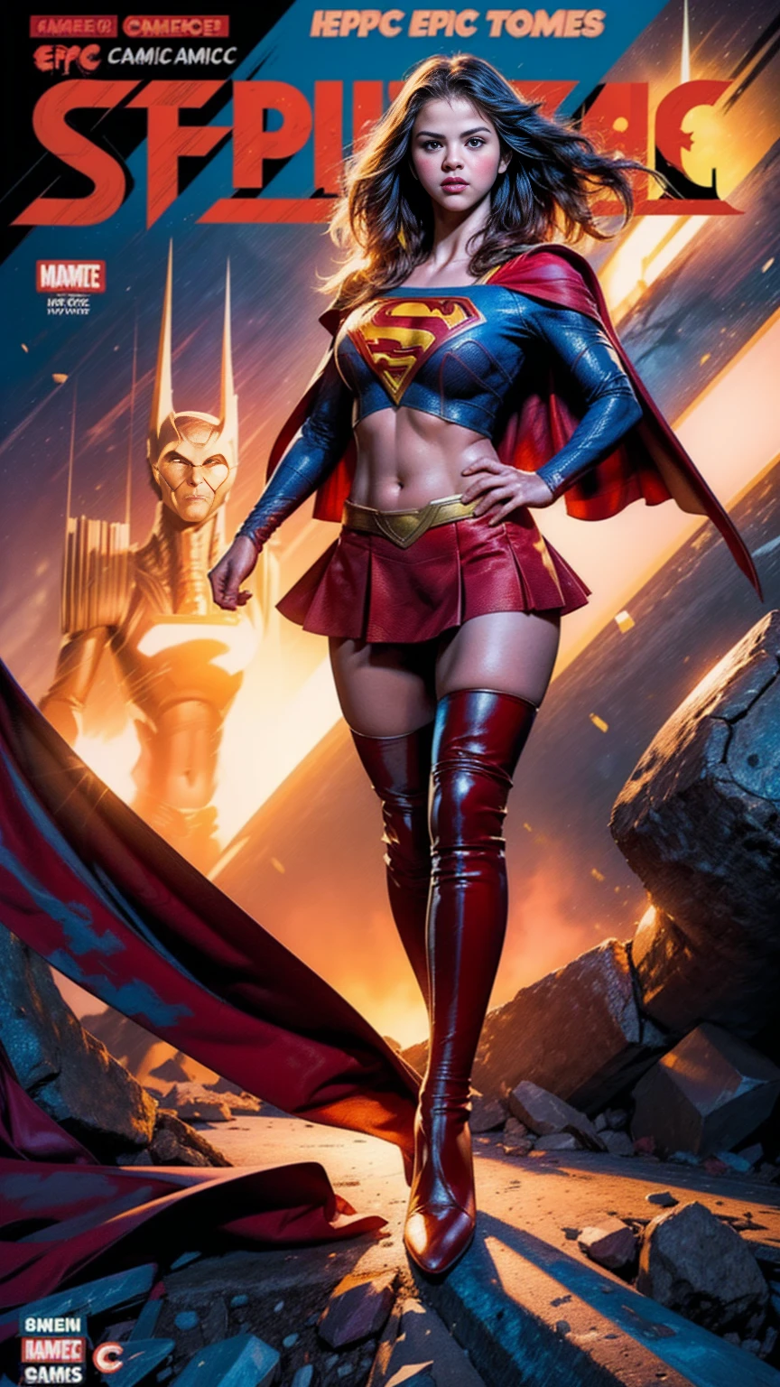 Cinematic. (((A comic style, cartoon art))). Selena Gomez as Supergirl Posing for photo (((in epic heroic pose))) , Selena Gomez wearing his iconic red and blue uniform, Showing the belly,  , ((Wearing a Red  cape)) . (((Hot Body, camel toes))). ((((Abstract Comic background )))) , vivid colors, detailed, detailed face, realistic shadows and bright, glowing.