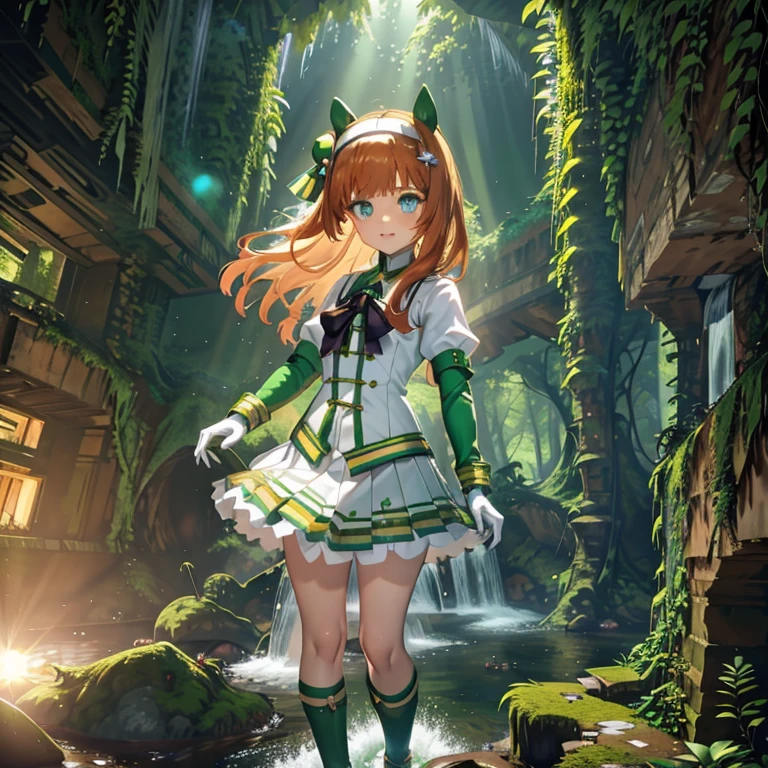 Night Forest, Terrible Water , Ruins covered with ivy, waterfall, lake, A toddler standing, masterpiece,  best quality,  high definition , High-definition CG, (Perfect hands、Perfect legs、  complete anatomy), ((full body)), ((One Girl:1.5)), ((Chibi Girl:1.2)), Foundations, long hair, animal ears, ear covers, white hairband, horse tail, green sailor collar, black bow, white shirt, layered sleeves, green sleeves, black gloves, white skirt, black pantyhose, small breast