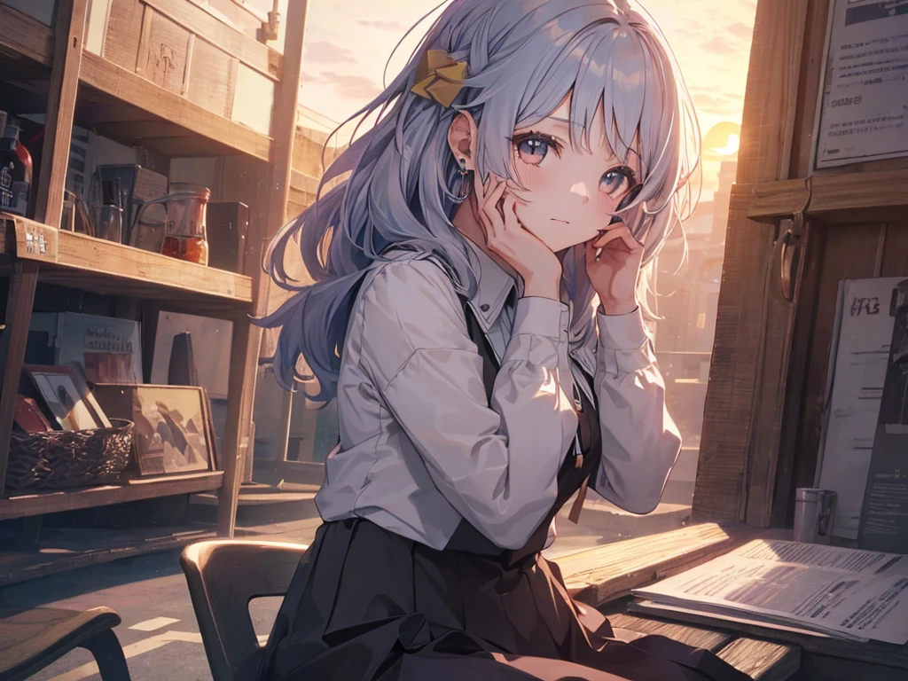 Alone, 1 girl, (human ears, earrings), (Anime Face), (((sitting, hands on face))), (black casual dress with ruffled sleeves, black skirt with ruffles), ( sunset sky, sunset sun) , evening sky), (focus on chest, Oblique angle), (high resolution, masterpiece, accurate, anatomically correct, multiple award winning, top quality, detailed, high quality model, high quality , retina, highly detailed, textured skin, ultra-high resolution)、((Place the character in the center、 upper body))
