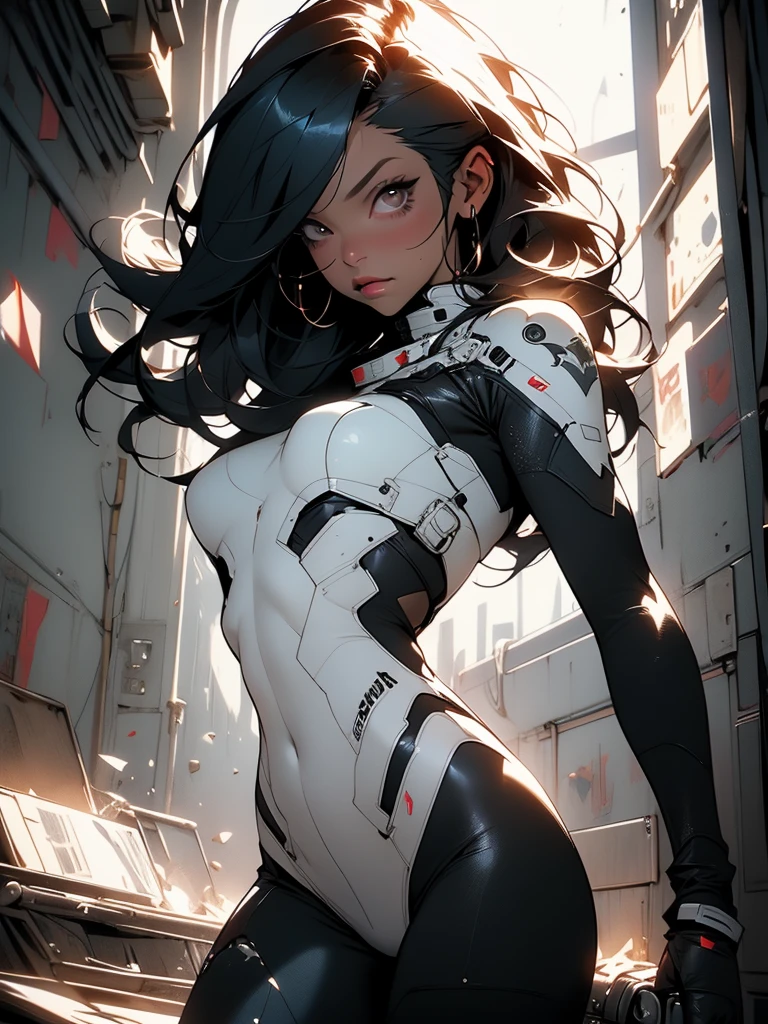 (1girl:1.4) beautiful, perfect eyes, perfect face, perfect lighting, 1girl, long black hair, (small breasts:1.5) medium hips, sci-fi bodysuit, neutral expression, absurdres, [perfect shadows and lighting] detailed background, incredible high-key lighting, rich colors, cyberpunk background, accurate, anatomically correct (masterpiece:1.3) ultra detailed illustration, (best quality:1.3), textured skin, high details, award winning, highres, UHD, UHD, UHD, UHD, UHD, award winning, highres