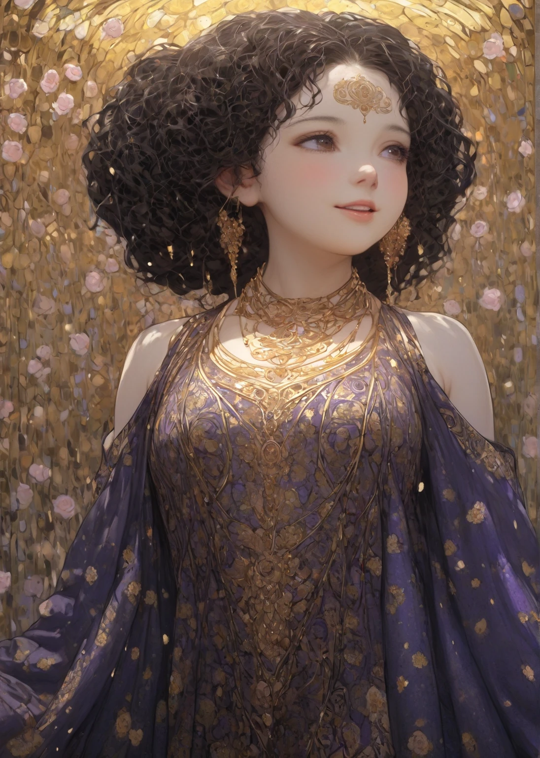 Rain of Petals, 1 girl tiny body, large head, little fat, smile, half open mouth, brown eyes, forehead, black curly hair, low twintails hair, floral pattern modern aristocratic luxury clothes, Decolletage, medium tits, open clothes, morning, cute action, shy, looking away, Gustav Klimt: art-nouveau style,