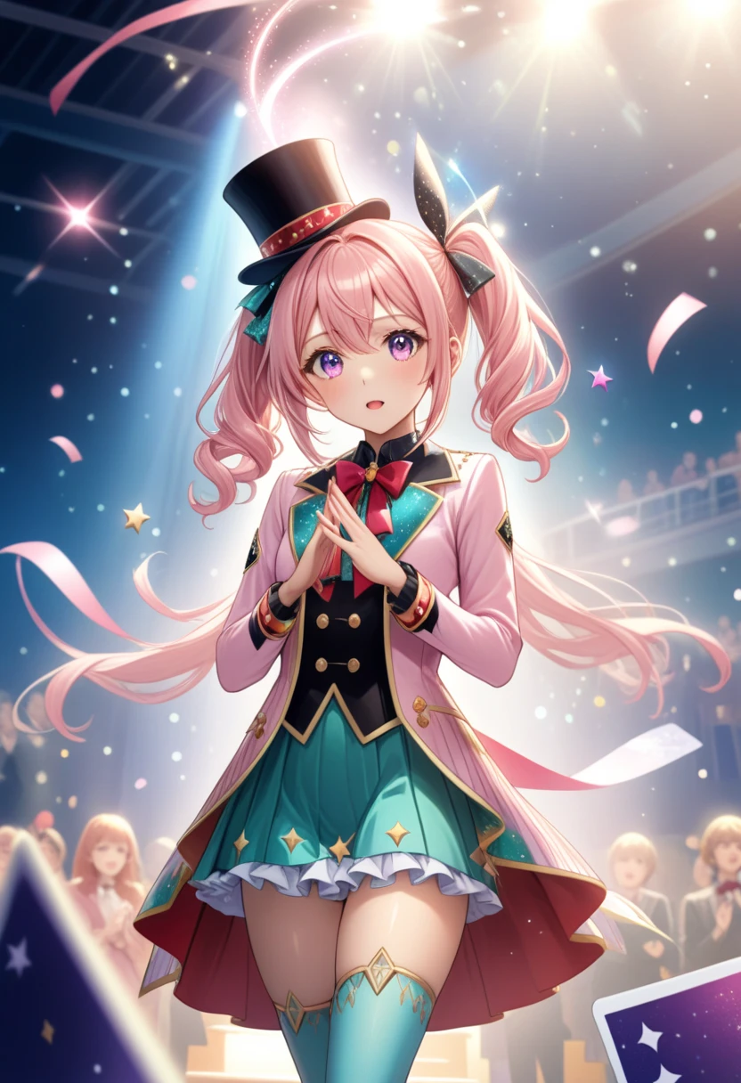 An anime-style young female magician, around , standing on a brightly lit school stage during a talent contest. She wears an adorable magician outfit with a pastel-colored tailcoat, a short frilly skirt, thigh-high stockings, and small heeled boots. Her outfit is embellished with ribbons, stars, and glittery patterns, adding a whimsical and youthful charm. Her long hair, tied in loose twin tails, flows gracefully, adorned with a small top hat tilted to one side. She holds a wand with a glowing tip in one hand and a deck of cards spilling slightly from her other hand. Her wide, confused eyes and hesitant expression reveal her inner turmoil, as if uncertain about her next move. The background is a festive school auditorium filled with banners, streamers, and an audience clapping and cheering, though the spotlight is solely on her. A faint magical aura surrounds her, with tiny sparkles and misty effects adding an air of mystery.