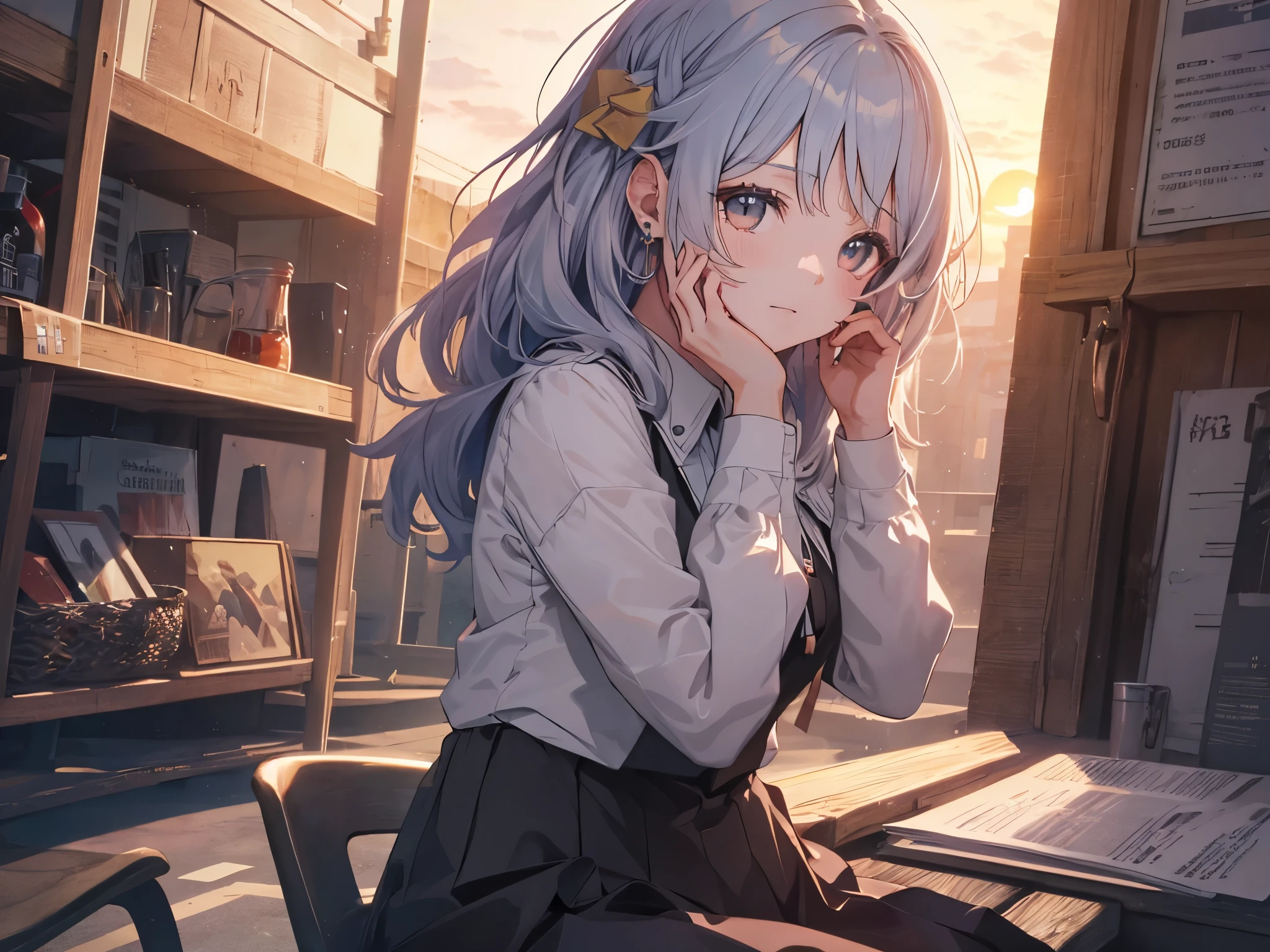 Alone, 1 girl, (human ears, earrings), (Anime Face), (((sitting, hands on face))), (black casual dress with ruffled sleeves, black skirt with ruffles), ( sunset sky, sunset sun) , evening sky), (focus on chest, Oblique angle), (high resolution, masterpiece, accurate, anatomically correct, multiple award winning, top quality, detailed, high quality model, high quality , retina, highly detailed, textured skin, ultra-high resolution)、((Place the character in the center、 upper body))
