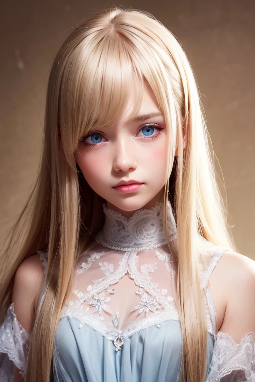  High Quality , 最 High Quality , photo- realistic, Original photo,  realistic, ultra  realistic 8k cg,  super detailed,  high definition , masterpiece, 1 Girl,  long hair, Natural platinum blonde hair,  Big, Extremely Bright, and Vivid Ice Blue Eyes, Face and eye details, Innocent hood First 々 Extraordinary Beautiful Girl with an Extraordinary Face 、 complex details, Fine texture ,  in fine detail,Very white and bright skin、Small Face Beauty、round face、 Cheek Gloss Highlights 、bangs, Blonde, とても long hair,  hair to hide one eye,  shiny hair, Straight Hair, Hair in the eyes, Too much hair, 