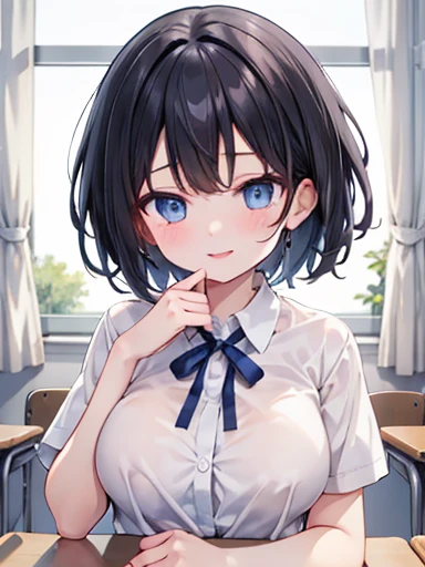 (Pieces fly, Highest quality, High resolution, Ticker, Pixel perfect, Depth of written border, In 4K), 
1 Girl, alone, , Beautiful Anime Girls, 
View your viewers, 
Perfect body,  

short hair, Black Hair, Pink Eyes, 

smile,  Open your mouth, blush, 

JK Huge , White shirt, big , Blue Ribbon, 
classroom, 

throw, Close-up shot, 