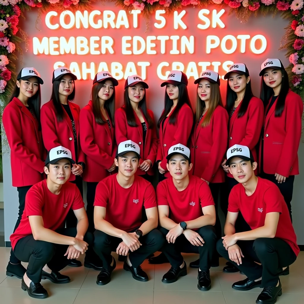 3D photo 8 adult men and 2 adult Muslim women wearing black shirts that say PT. MAJU EXPRESS INDONESIA photo background with the words PT MAJU EXPRESS INDONESIA