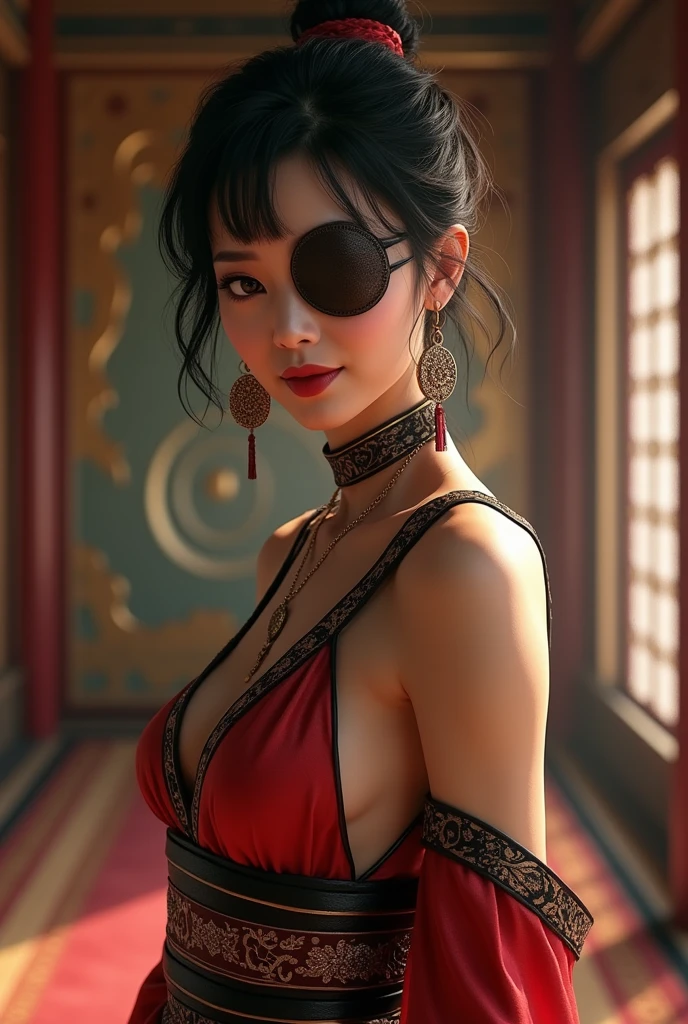 a beautiful oriental gothic geisha, hot, flowing black hair, full lips, full breasts, pale silky skin, beautiful eyes, well made-up, wearing a dress with bare shoulders with a corset, with a red umbrella behind, and palaces in the background, wearing a pendant around her neck, beautiful hyperrealistic art, photorealistic digital art, stunning beautiful art of intricate details, glamorous and sexy geisha