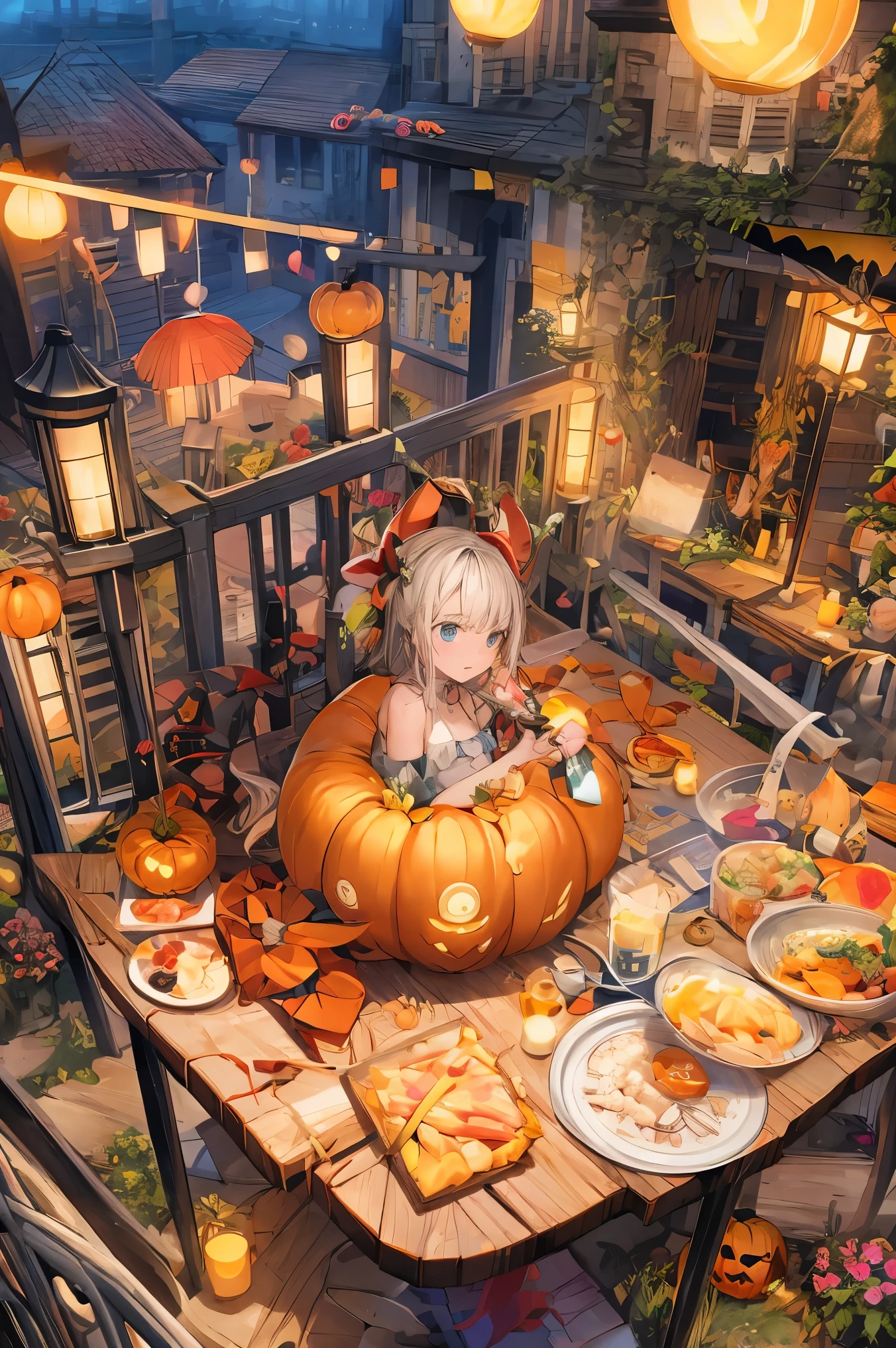 from above:1.2,best quality, masterpiece, radiosity, photon mapping, Dutch angle, glow , landscape, jack-o-lantern, realistic, reality, RAW photo, pumpkin head, vines, horror monster, aura, Halloween, fancy dress, blue eyes,street, fantasy, , trick or treat, Close-up, witch, , 1girl, sweets