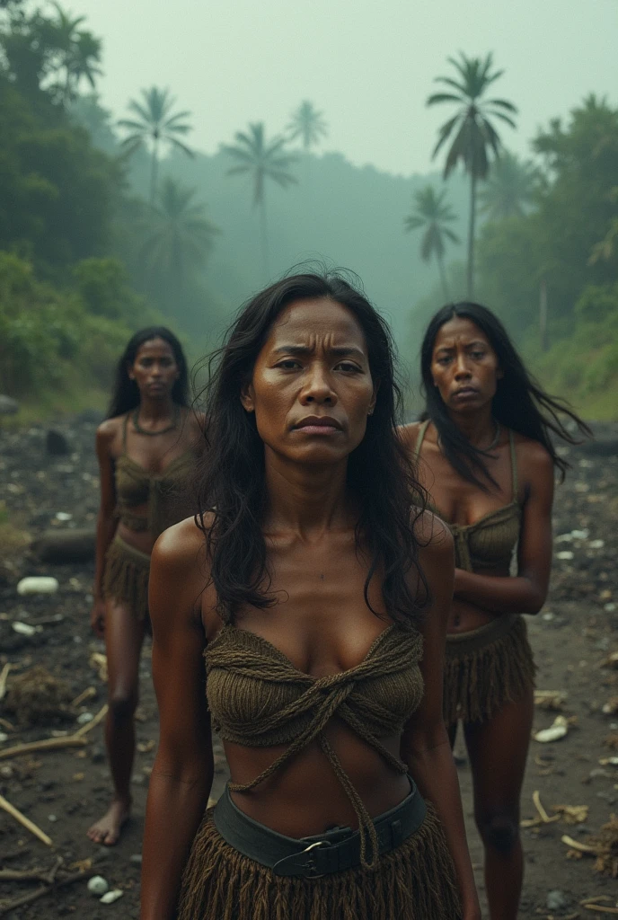 8k, top quality, finish: 1.2), (realistic, photo-realistic: 1.37), highly detailed, (1000 girls), This realistic image shows a large group of curly-haired papuan new guinea women, wearing brown bikinis and tight traditional clothing, walking among traditional papua new guinea houses. The women in this image are black and appear to have different ages and short body shapes. The atmosphere of this image looks like a parade or special event involving many female participants. , breasts, beautiful eye details, (traditional dress: 1.1), ((sexy)), curvy body, (full body), standing, sexy, Translated with DeepL.com (free version)