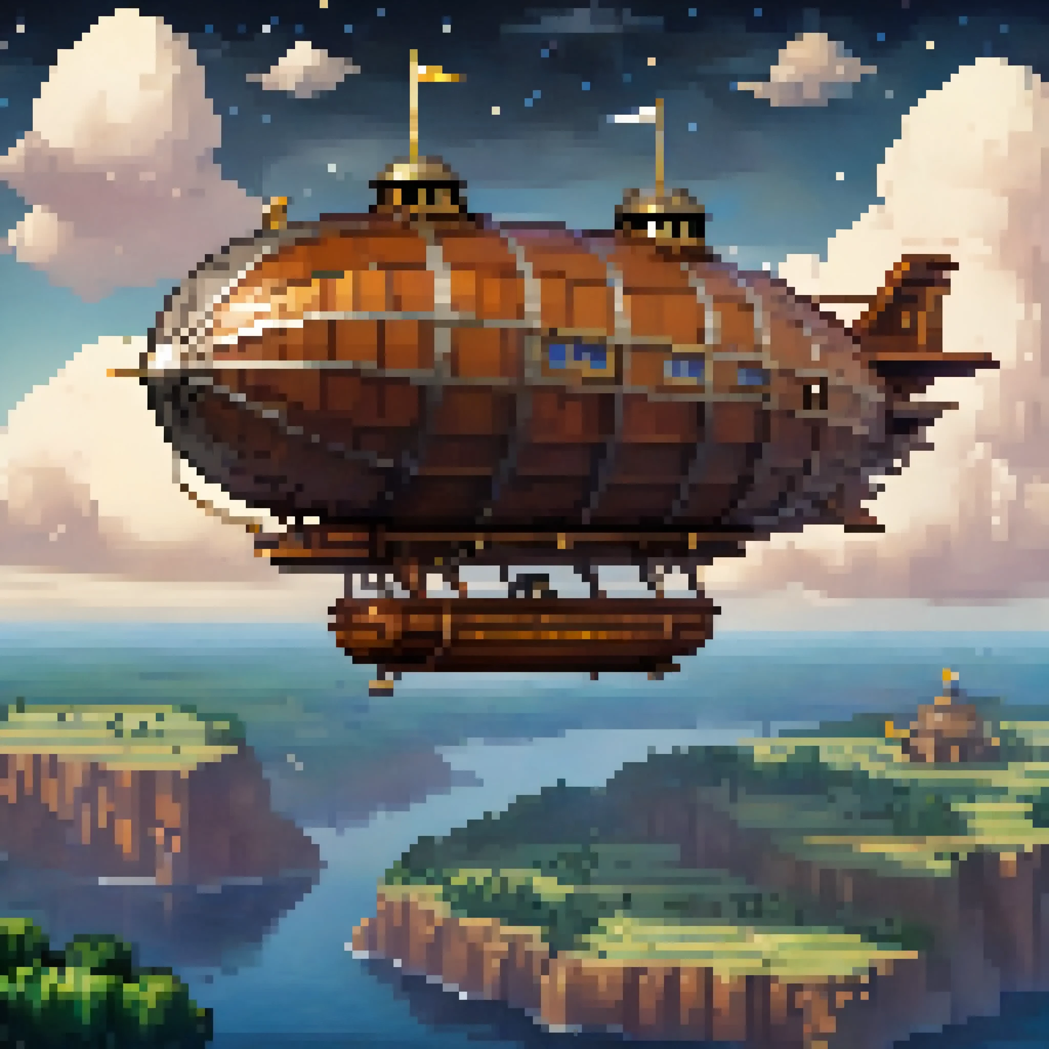 pixel art, ((1 a dirigible airship fantasy)), night, clouds, stars, (sky), isometric