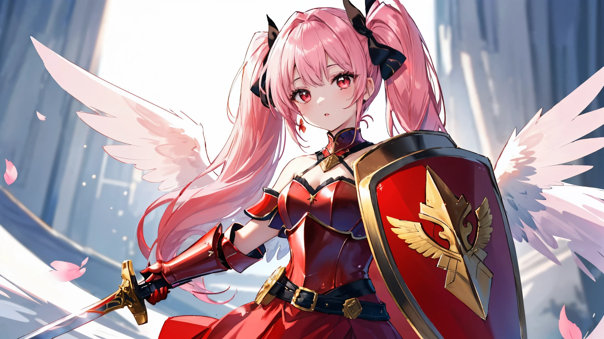 Anime girl with pink hair and wings holding a sword and shield - SeaArt AI