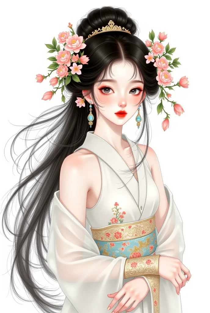  of a woman with long hair and flowers, A digital painting inspired by Ai Xuan,  is popular in the CG community, Fantasy Art, Chinese Girl, 精致的数字插图, Beautiful character painting,  a beautiful fantasy queen, Chinese Princess,  A beautiful illustration  , (( a beautiful fantasy queen)), Beautiful digital illustration , palace ，  girl in Hanfu, Chinese