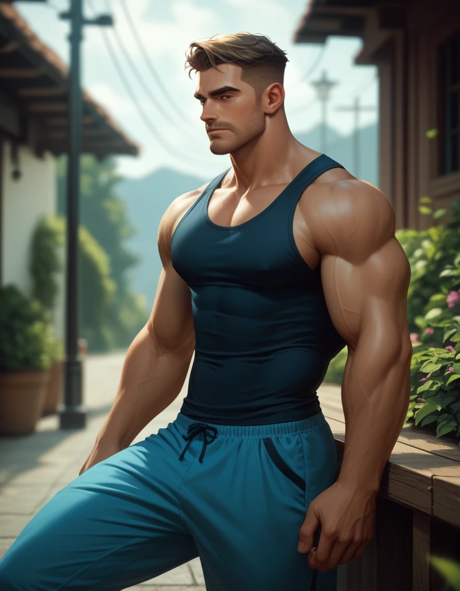 wired man in a tank top standing in a field of flowers, muito bonito. big muscles, inspirado em Adrian Zingg, Lindo jovem, homem atraente, jovem forte, Modelo masculino, vestindo uma regata decotada, Homem atraente, homem bonito, artem, mid shot of a handsome guy, pose forte, vestindo uma regata, pose masculina