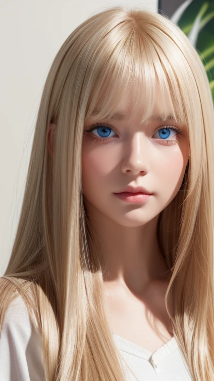  High Quality , 最 High Quality , photo- realistic, Original photo,  realistic, ultra  realistic 8k cg,  super detailed,  high definition , masterpiece, 1 Girl,  long hair, Natural platinum blonde hair,  Big, Extremely Bright, and Vivid Ice Blue Eyes, Face and eye details, Innocent hood First 々 Extraordinary Beautiful Girl with an Extraordinary Face 、 complex details, Fine texture ,  in fine detail,Very white and bright skin、Small Face Beauty、round face、 Cheek Gloss Highlights 、bangs, Blonde, とても long hair,  hair to hide one eye,  shiny hair, Straight Hair, Hair in the eyes, Too much hair, 