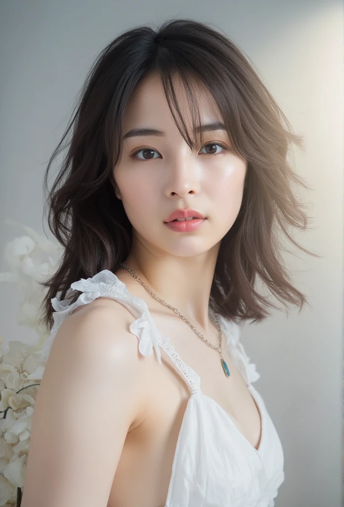 ((masterpiece:1.4, highres quality)), ((masterpiece, highest quality)), (photo-realistic:1.4), professional lighting, highly detailed eyes and face, Beautiful eyes in every detail, (a beautiful Malay girl:1.3), plump body figure, jaw-lenght tousled bob hair style, face focus, From the back, eyes didn't look at the camera, profile, ((Winter clothes)), necklace, (pink pastel clothing), Eye color is dark brown, seductive lips, correct hand of human body, white wall, Taken in front of the white door, (white wall room with window)