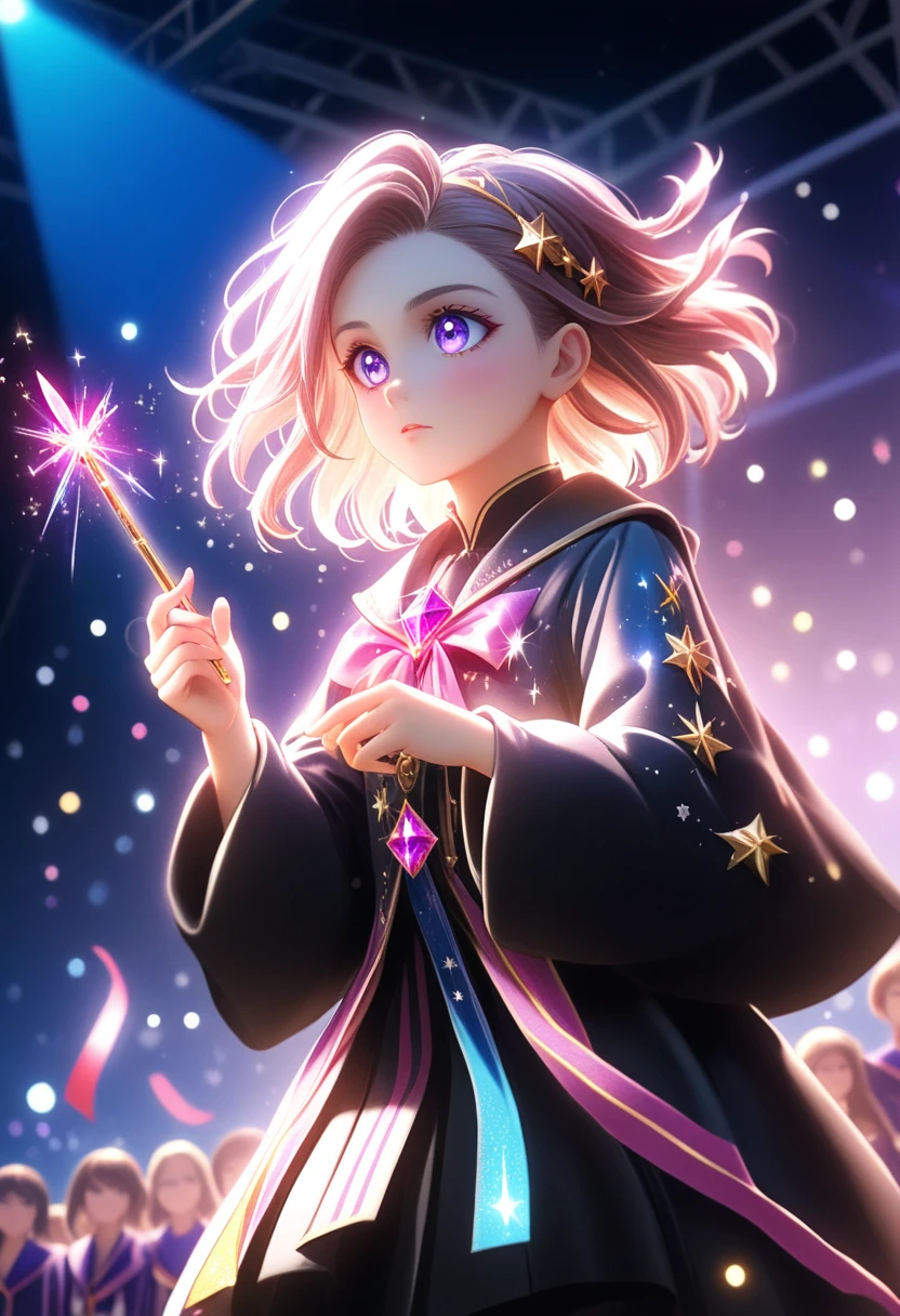 A 15-year-old female magician performing on a brightly lit school stage, wearing an adorable yet slightly oversized magical outfit adorned with ribbons and sparkles. Her expression shows deep confusion and uncertainty, with slightly furrowed brows and wide eyes as if lost in her own trick. She is holding a half-finished magic wand trick, with glowing sparkles trailing off into the air. The background is a large school auditorium filled with blurred, cheering students and colorful banners. The lighting highlights her face and creates dramatic shadows, emphasizing her conflicted emotions. The scene is detailed and sharp, with vibrant colors and high definition