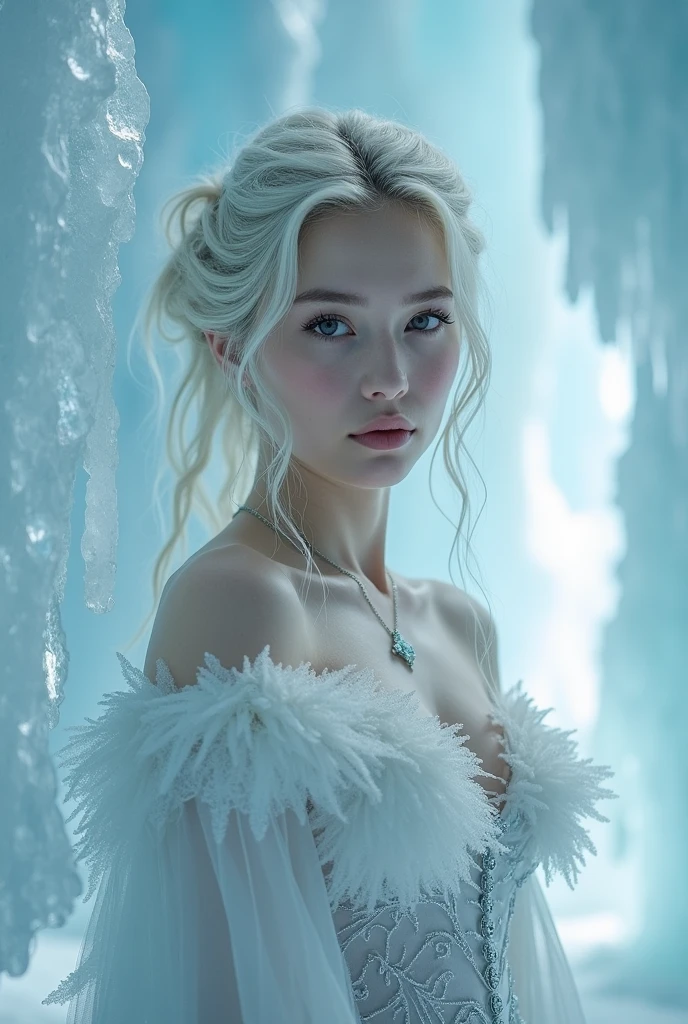 White skin coloralida, ((White-haired woman)), dressed in a blue outfit with white details, wearing a pointed ice crown, Queen of ice and storm, Ice witch, Ice Queen, Beautiful witch of ancient frost, Snow Queen, surrounded by ice, Ice Wizard, in a frozen cave, Sucubuedieval carved like a goddess, ((shiny blue eyes))