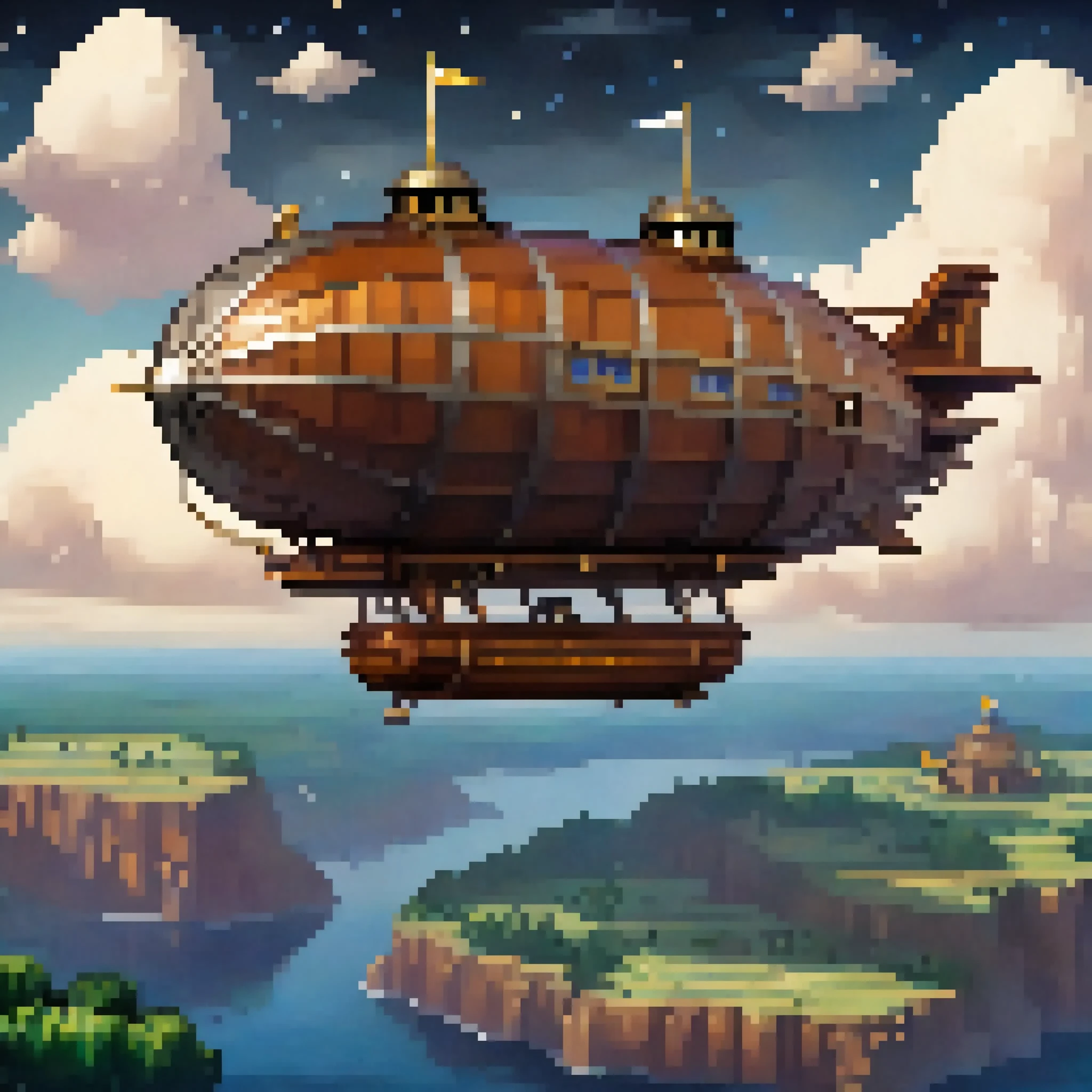 pixel art, ((1 a dirigible airship fantasy)), night, clouds, stars, (sky), isometric