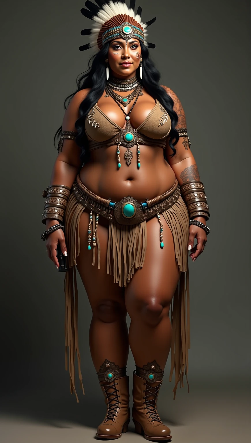 Stunning Portrayal of a Resilient Woman:
Camera Angle: A masterful full-body portrait capturing the essence of a powerful figure,
Subject: A dark-skinned Indian-Columbian woman, exuding strength and beauty, adorned in a vibrant, intricately designed brown and orange costume bodysuit,
Resolution: Immaculately rendered in HD, ultra-real, and hyper-realistic detail,
Location: Amid the chaos and intensity of a war-torn inferno backdrop, her presence standing out against the desolation,
Lower Physique: Her massive lower body, with trapezoidal hips that stretch the boundaries of traditional