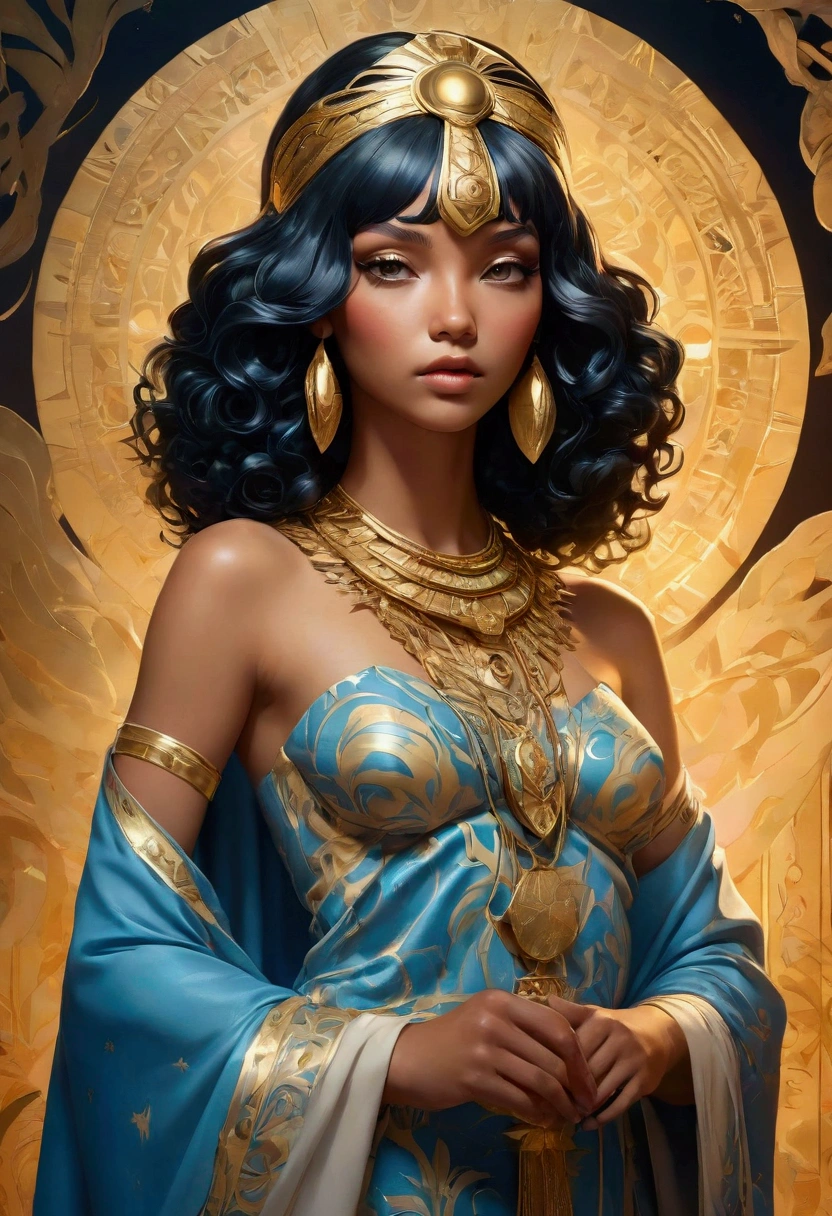 Woman, ((Egyptian)), (chocolate skin), elf, pointy ears, tall, curvy, black hair, short hair, yellow eyes, ((blue dress)), gold jewelry, in the style of Alphonse Mucha