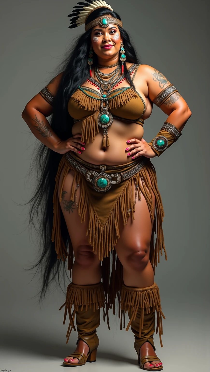 Beautiful Native American Woman , masterpiece, fully detailed, detailed face and body , Indigenous painting on the face , best possible quality, Bright reflected light , pierce the nose with crossed bones, , typical piercing, aboriginal culture, Know more about everything , 8K、fat girl、((1 female)),stand on tiptoe、White blank background、stand facing forward、barefoot、full body portrait、stand with legs apart、model pose、
