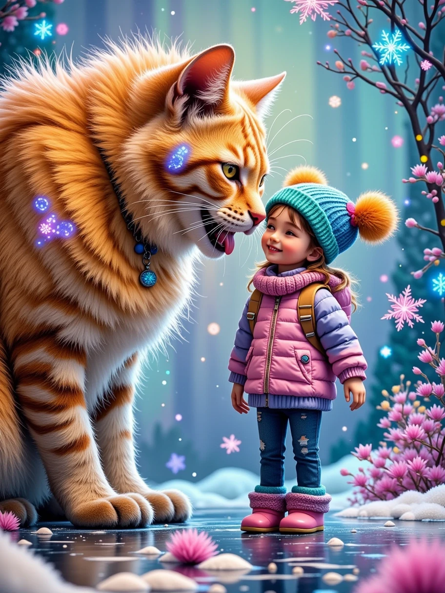 True， an anthropomorphic giant super big fat cat ， is looking down to kiss a mini very small q version of a slightly smaller girl， girl wearing a beanie ，Wearing a puffy sweater ， jeans and booties ， snowflake background ，close up，Fisheye。 super realistic， super detailed 。dream，Warmth，romantic， surrealistic art 