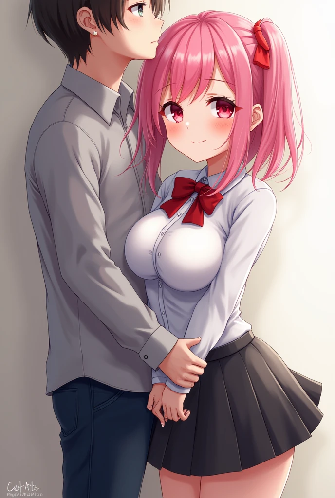 masterpiece (((1 man))) 1 girl, male and female, pink hair, long hair, green eyes, big breasts, big nipples,   (orgasm) (heart eyes) ((A man fondles a woman&#39;s breasts from behind)) Breast Grabbing Uniform Blazer