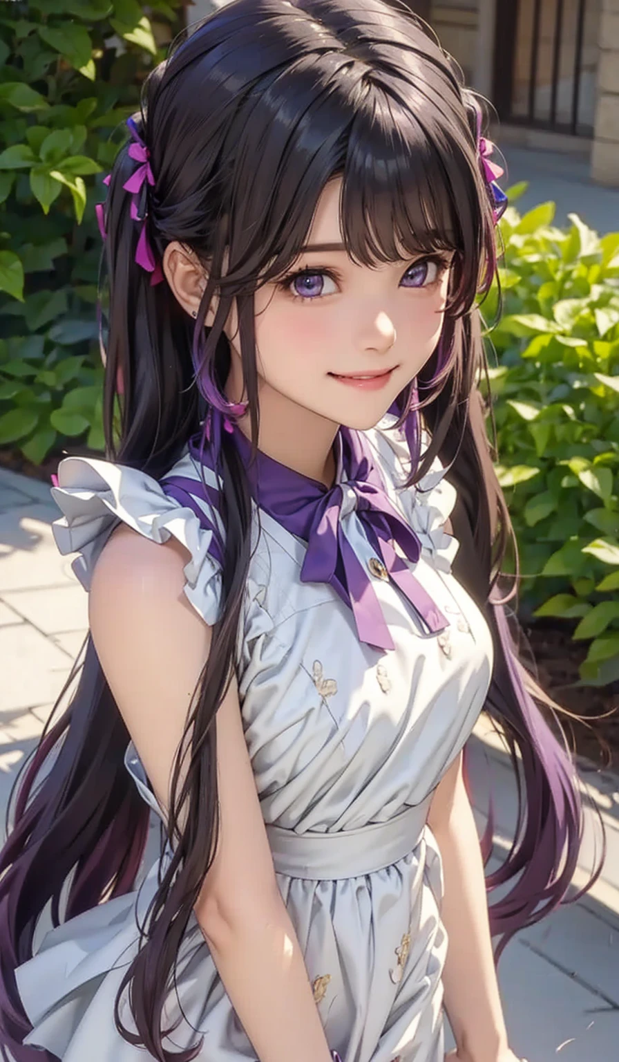 Realistic, Otherwise, masterpiece,  High Quality , ultra-detailed、Purple Hair、smile、 twin tails