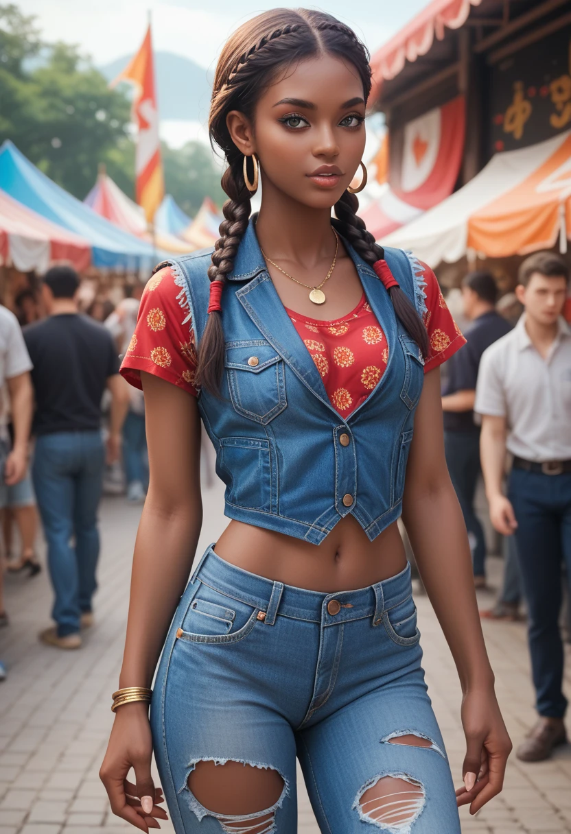 nude penis powerful street artist with long crimson braids tied back, dressed in a ripped denim vest over a traditional African-patterned shirt, waist-up, surrounded by the dynamic energy of a chaotic street festival