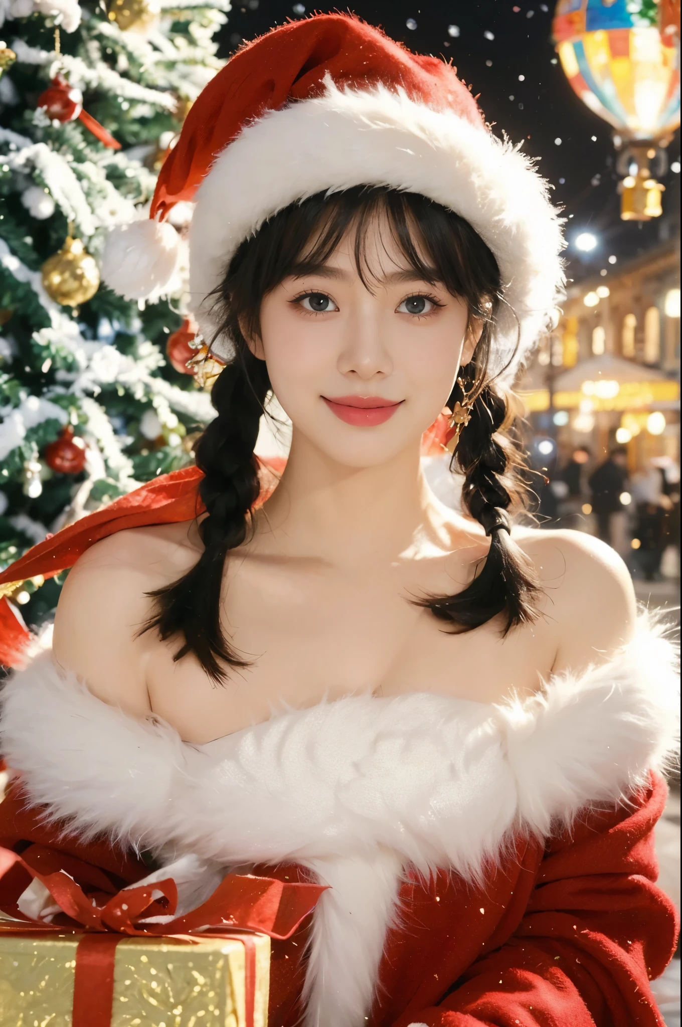 Highest quality、Best image quality、masterpiece、Full body photo、Bans、(((Santa Claus Cosplay)))、Red and white knit hat、Red and white off-the-shoulder sweater, Soft boobs、red and white flared skirt、Medium Milk, Cute Smile、(shake your head a little)、(On all fours)、Sexy Hips、Red High Heels、Park with a lake、Sexy pose、You can see a little sexy bra、Big Necklace、耳Nipple Ring、Full-body photo,(((Open the chest of the costume with both hands、Looking at her chest))),((((topless)))))、(((((My chest is visible))))),((Mid-chest))),((Slim body),((Slim body)),ulgarity,(From above),1 girl,Japanese,23 years old,woman,Brown long straight hair,Detail face,Detail lips,Details,double eyelid,Wet body,perfect body,Trained abdominal muscles,Shiny skin,Highest quality,日本のwoman一人,diamond,Earrings,((She opens her dress with both hands and secretly shows me her breasts.)),(((Her breasts are visible through her clothes)),((((topless))))),(((((My chest is visible))))),(((Open the chest of the costume with both hands、Looking at her chest)))、Christmas tree in the background、night、Christmas Lights in the City,((((Snow Scene)))),(((((Landscape)))))、(((((Tight ass))))