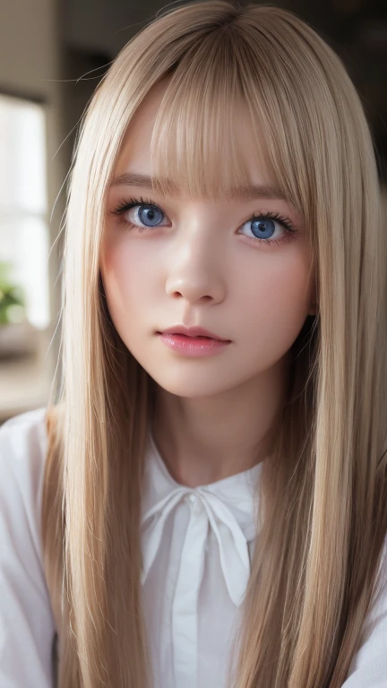  High Quality , 最 High Quality , photo- realistic, Original photo,  realistic, ultra  realistic 8k cg,  super detailed,  high definition , masterpiece, 1 Girl,  long hair, Natural platinum blonde hair,  Big, Extremely Bright, and Vivid Ice Blue Eyes, Face and eye details, Innocent hood First 々 Extraordinary Beautiful Girl with an Extraordinary Face 、 complex details, Fine texture ,  in fine detail,Very white and bright skin、Small Face Beauty、round face、 Cheek Gloss Highlights 、bangs, Blonde, とても long hair,  hair to hide one eye,  shiny hair, Straight Hair, Hair in the eyes, Too much hair, 