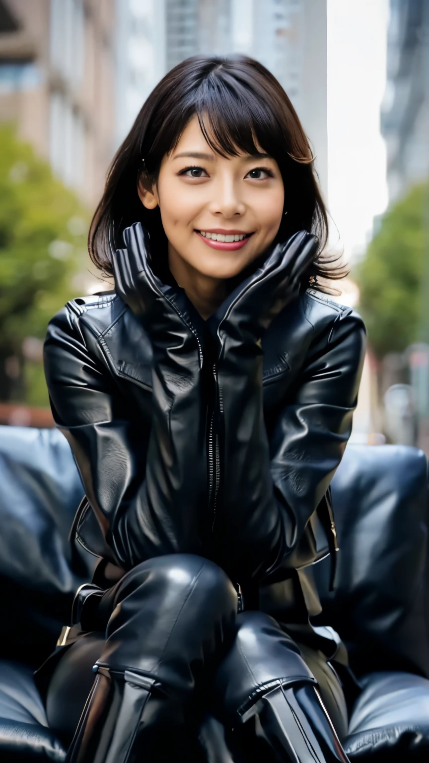  black leather rider jacket , Office in the Dark, Black leather gloved fingertips on both hands,Wearing black leather gloves,Sitting in a black leather chair、 Japanese female new recruits (Black leather gloves cover both hands) (The angle is horizontal)、Black Leather Pants,Black Leather Black Leather Pants, black leather skinny pants 、very tight fit.   Black long leather boots on both feet、 Dark Haired Ponytail ((She wears black leather gloves on her hands))Full Body Photo, full body shot full body full body leather suit ,☺(Long boots plus leather pants boots in :1.5)、Full body shot from head to toe、very tight fit. If you turn in this direction。Wearing black leather gloves,Wearing black leather gloves,Wearing black leather gloves,Wearing black leather gloves,Wearing black leather gloves,Wearing black leather gloves,黒のレザーパンツが美しい😍黒のレザーパンツが美しい😍黒のレザーパンツが美しい,😍こちらを見ながら笑faceで微笑んでる,City lights、(Cyberpunk City Street:1.3))、 detailed lighting、

 best image quality、 ultra high resolution with forest background、( realism:1.4)、Korean Beauty Star、The most beautiful KPOP stars、face、Horny Korean Makeup、A body that makes you want to touch it、Realistic leather texture、Costume made of smooth leather fabric、The drape of the curved parts of the leather fabric、The costume is very shiny、Quality of the costume、8K Photo Quality、(shy Smile:1.4)