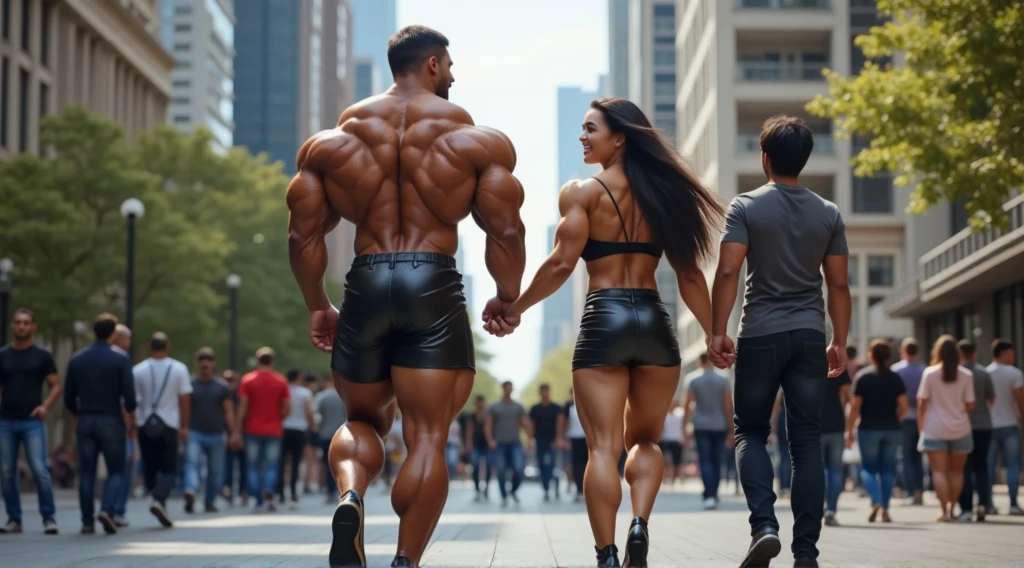 An extremely muscular and beautiful bodybuilder, 38 years old, Asian, 1.88 m tall, and weighing 135 kg. Her body is impressive, with huge biceps, a sculpted abdomen, and toned legs that highlight her incredible strength. She walks through the city, holding hands with her partner, a man who is 1.75 m tall and weighs 80 kg, while people look at them in astonishment. Her posture is dominant, with a confident and assured attitude, enjoying the attention she attracts. She wears a tight leather mini skirt that accentuates her toned thighs and a pair of short high-heeled boots, which further emphasize her height and muscular figure. The outfit is provocative and bold, showcasing her imposing physique as she walks gracefully. Her long dark hair flows freely, and her face shows an expression of confidence and pride, enjoying the impact of her presence.

The man walks beside her, smiling at the people around them, clearly proud to be with someone so impressive. He wears a tight long-sleeve shirt and dark jeans. The physical difference between them is striking, with her effortlessly dominating the situation.

The background shows a modern, bustling city with tall buildings, and people turning to stare at them in awe. The scene reflects the contrast between the woman’s physical power and the man, as they walk together, highlighting their relationship and the admiration of the passersby.