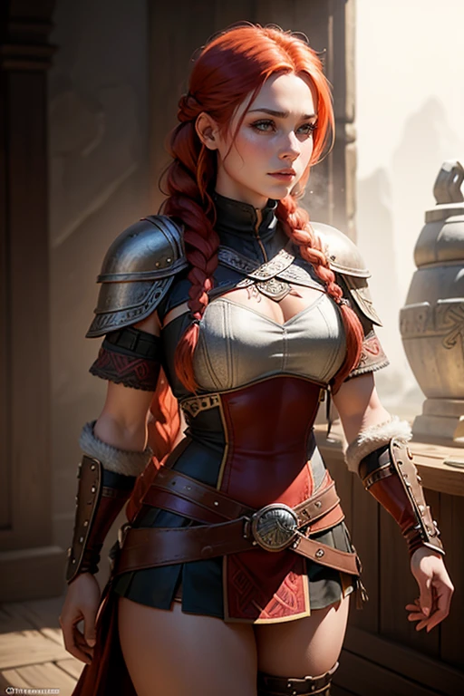a beautiful woman with bright red hair,fur cape,viking armor,realistic portrait,depth of field,4k 8k ultra-detailed,photorealistic studio lighting,ultra-fine painting,physically-based rendering,extreme detail,professional,vivid colors,bokeh