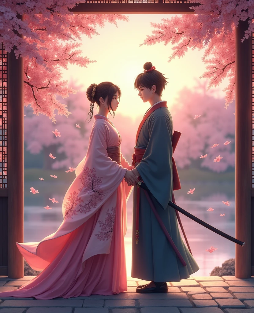 Design beautiful clothes for male like in anime  full body pic with lady in beautiful dress
