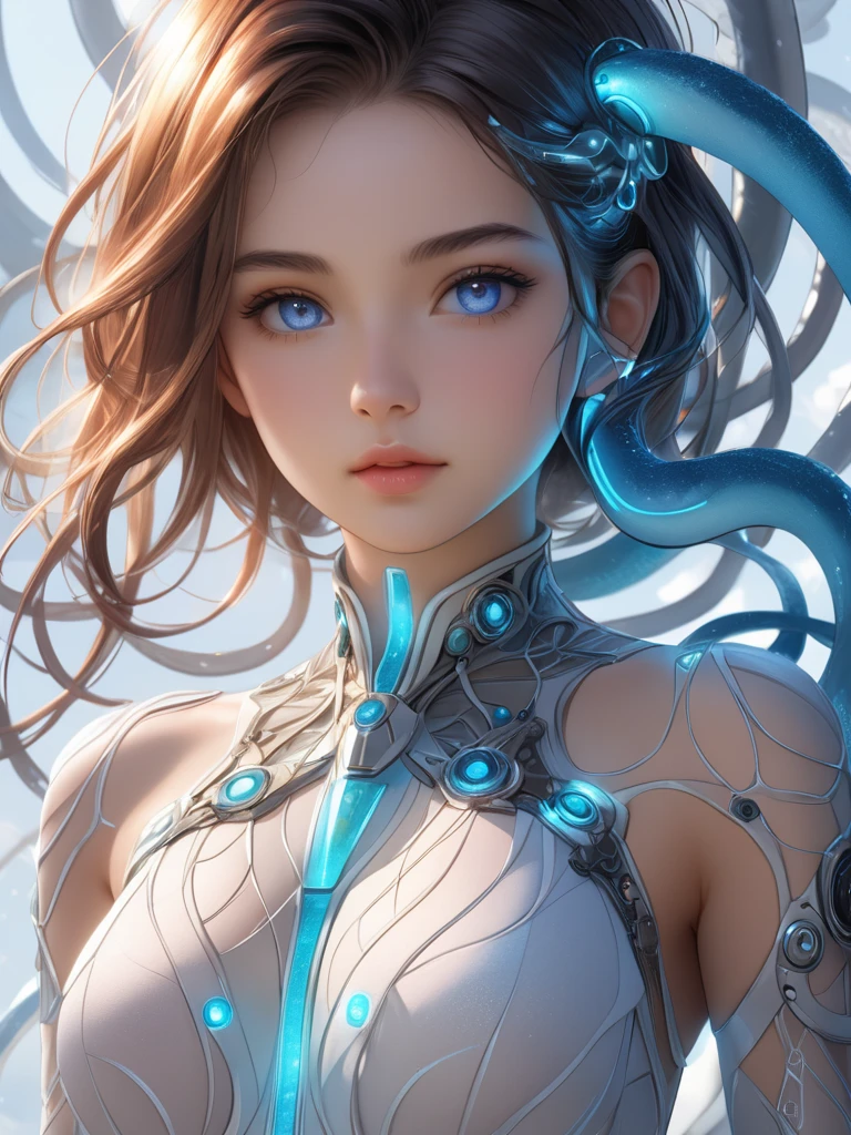 (1girl:1.3),(masterpiece,top quality,best quality,official art,beautiful and aesthetic:1.2),octopus white armor cyber girl,(transparent:1.3),elegant,long white hair,(translucency:1.3),cutting-edge design,hyper detail,ultra detail,volumetric light,(huge mechanism octopus monster:1.2) in background,cinematic light,BiopunkAI,brilliance,mucus,wet,look at viewer,wires and cables attaching to neck,wires and cables on head,character focus,science fiction,<lora:epiNoiseoffset_v2:1>,<lora:octopus mecha:0.75>,<lora:alienskin:0.2>,