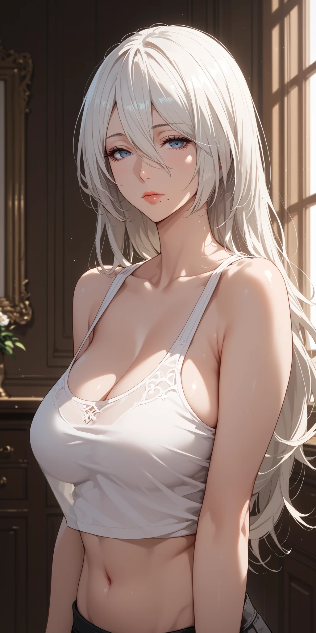 Score_9, Score_8_up, Score_7_up, Source_anime, anime art, anime style, very aesthetic, masterpiece, high quality, 1girl, cool character, mature woman, milf, curvaceous, mole under mouth, black tank top, navel, white hair, long hair, hair between eyes, expressionless, 2b, yorha no. 2 type b, home, soft light, upper body