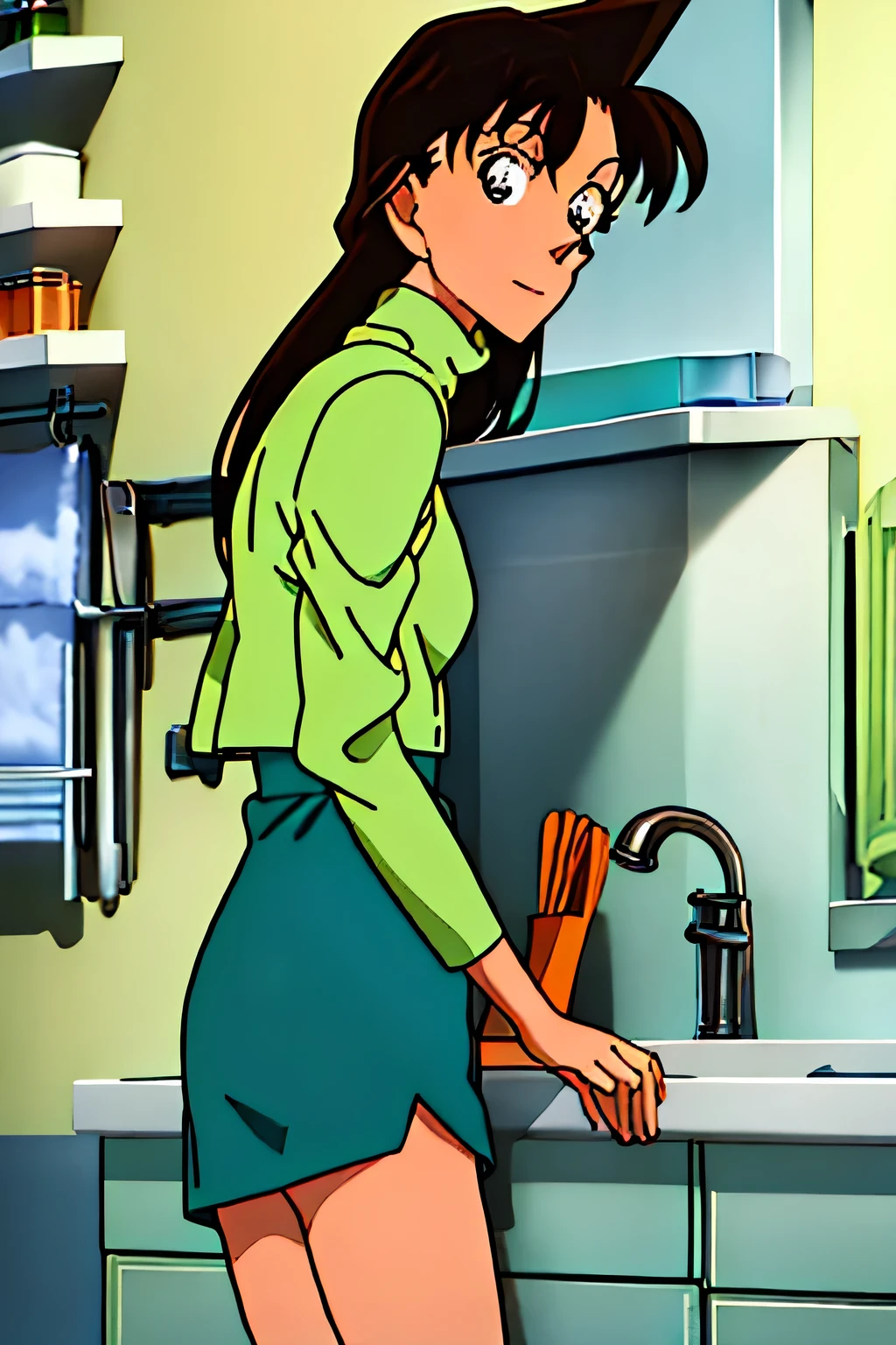 {{{Long Hair}}},{{{Public Documents }}},{{{adult}}},Green One Piece Dress,turtleneck green tight skirt , { light blue green cropped mini jacket}, Green Socks ,,sink,laundry,kitchen,bringing upper body to the sink,open,Back view of a person leaning forward