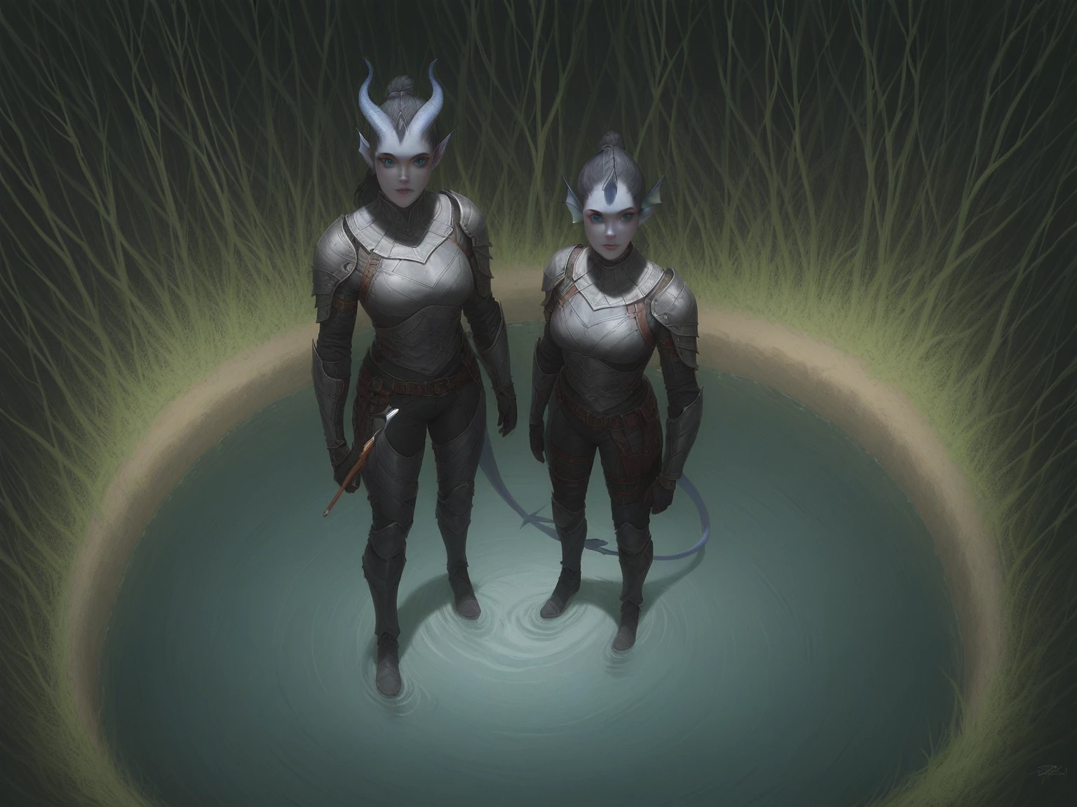 The dark forest ,  grows cedar  , , there are spines and long winding roots everywhere. (1Тiefling  , ( dark blue-gray skin The full-length body ),   face covered with a mask  , ( black and blue eyes  ) , (30 years old) , (  small thick dark gray segmented straight horns   ,  girl ,  dark grey hair ,   small nose  , small lips, (( dark blue leather )), ( a long fat dragon armored blue-gray tiefling tail with a brush), (easy ,   full-body grey leather armor ,  gray leather armor ), dark gray trousers), One,  full length, Against the background of a тёмного леса,  standing in the water of a lake with clear water , blue tones (( is half-turned ,   view from above  ,  looks from behind with its back with its back))   Epic digital fantasy art style  ,   epic fantasy style  ,   very detailed artgerm work , (Fantasy 4k art), anime art,   fine art . Next to the water is a sea creature ,  sea serpent with an elongated fish head and 4 fins on its head . under water.