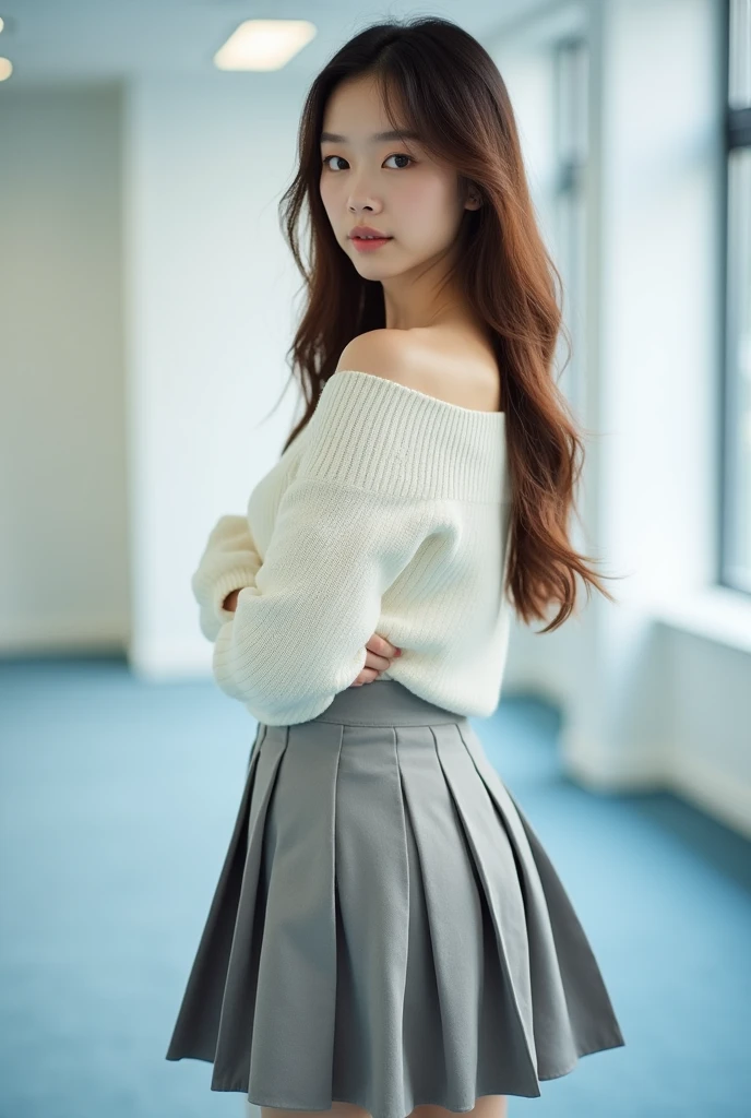 Cute autumn outfit coordination、Sexy Big 、A cute 15-year-old girl with a sexy and cute look, beautiful and sexy face、A strong wind blows my hair in front of my face、With straight blonde hair、beautiful, Cute and sexy eyes hidden behind long bangs、Cute colorful tulle mini skirt