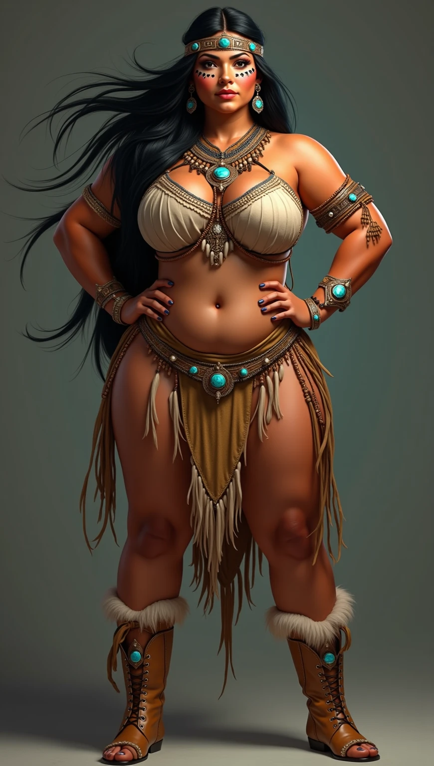 Beautiful Native American Woman , masterpiece, fully detailed, detailed face and body , Indigenous painting on the face , best possible quality, Bright reflected light , pierce the nose with crossed bones, , typical piercing, aboriginal culture, Know more about everything , 8K、fat girl、((1 female)),stand on tiptoe、White blank background、stand facing forward、barefoot、full body portrait、stand with legs apart、model pose、