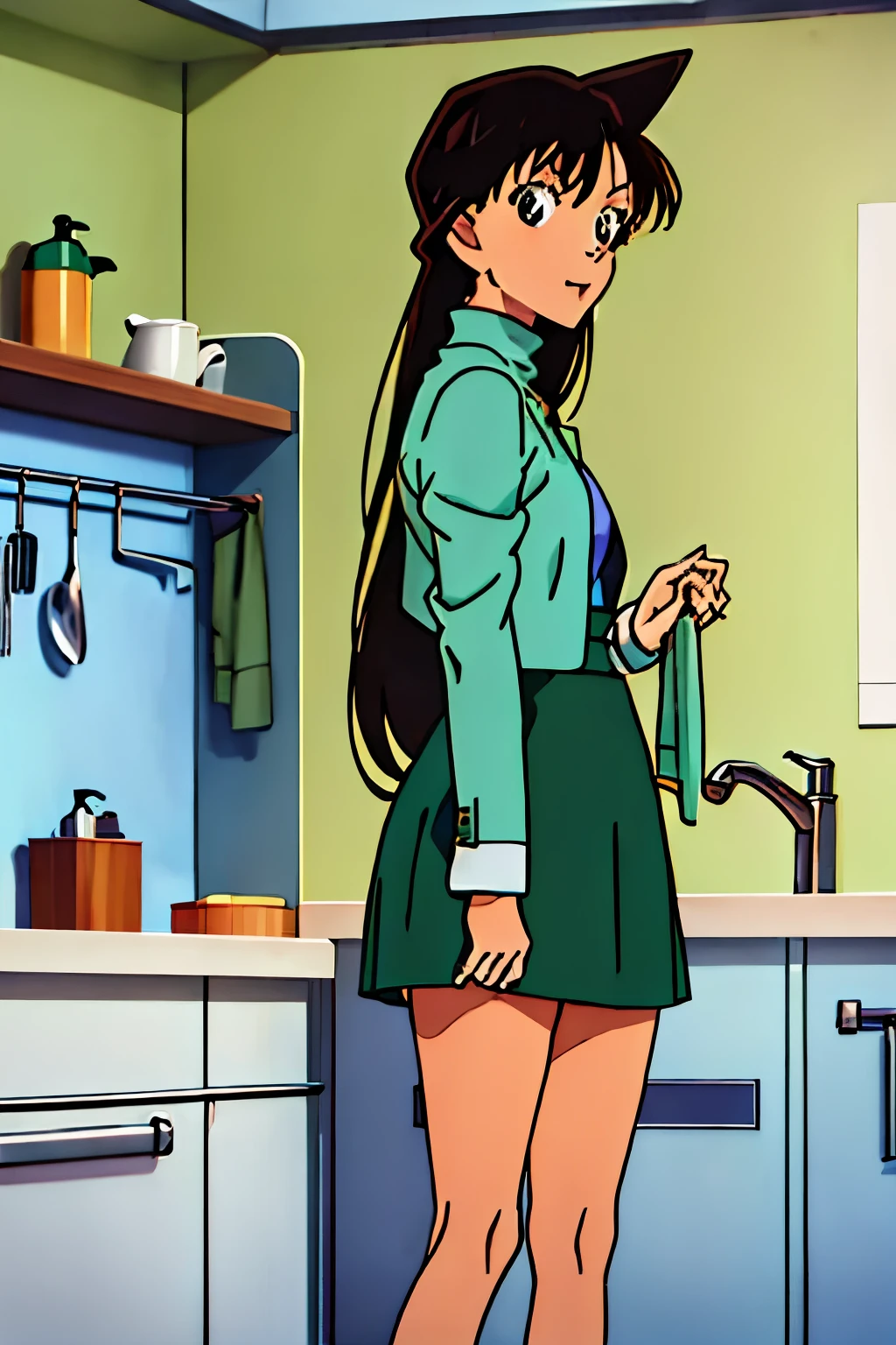 {{{Long Hair}}},{{{Public Documents }}},{{{adult}}},Green One Piece Dress,turtleneck green tight skirt , { light blue green cropped mini jacket}, Green Socks ,,sink,laundry,kitchen,bringing upper body to the sink,open,Back view of a person leaning forward