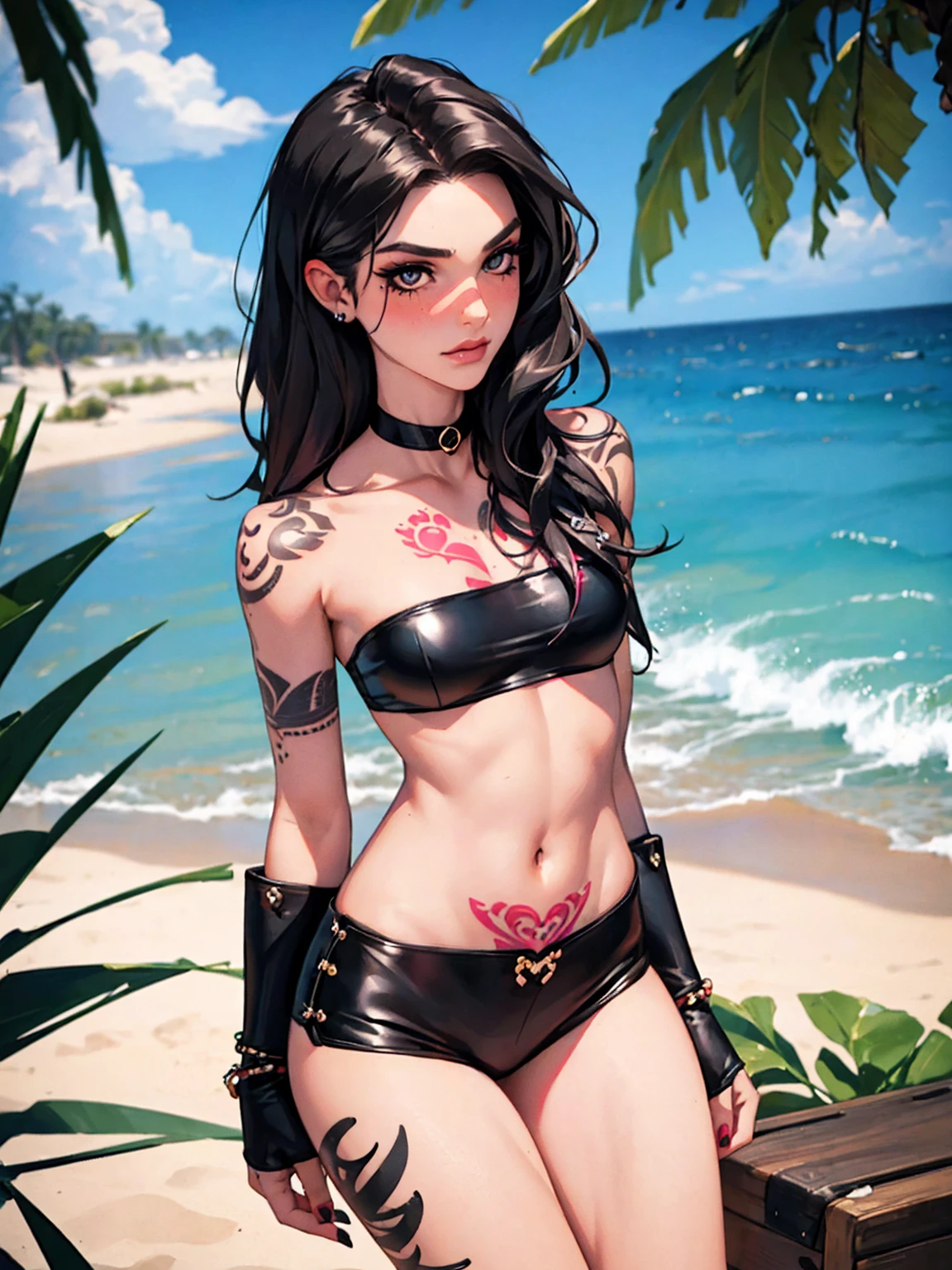 One girl, black_hair, green_eyes, slanted_eyes, dark make up, nose piercing, double braids, tattooed body, pecas, purple_bikini, in the beach, NSFW