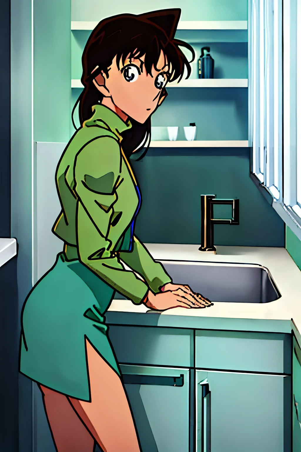 {{{Long Hair}}},{{{Public Documents }}},{{{adult}}},Green One Piece Dress,turtleneck green tight skirt , { light blue green cropped mini jacket}, Green Socks ,,sink,laundry,kitchen,bringing upper body to the sink,open,Back view of a person leaning forward