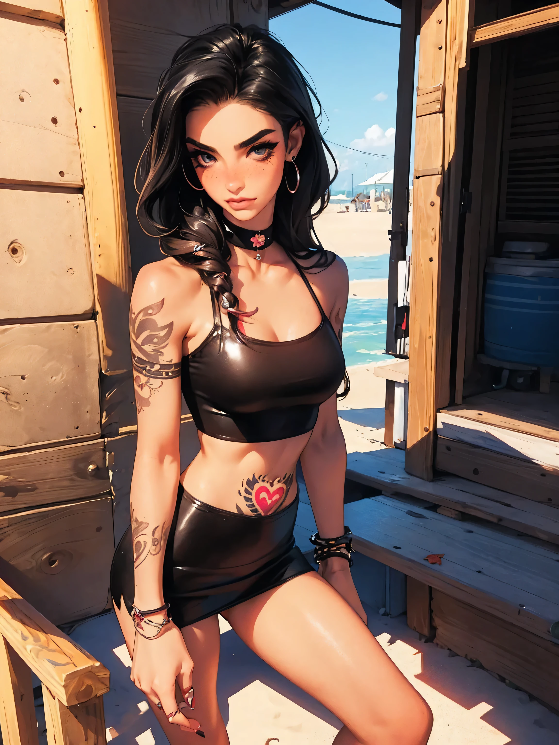 age girl-model 1, beautiful, black hair, glossy hair, pretty eyes, beautiful figure, girl wearing cowboy boots, beautiful long legs, slave bracelets, slave choker, manicure, cute makeup, flirtatiously posing, hot summer, hot flirty, hands behind back,, top quality, highest quality, pin-up style, (((e-girl,, tattoos all over skin, tattoos covering arms and hands,))), , dark makeup, exposing thong, small breasts, beach outfit, skinny, slender body, ((mascara, septum piercing, nose blush)))