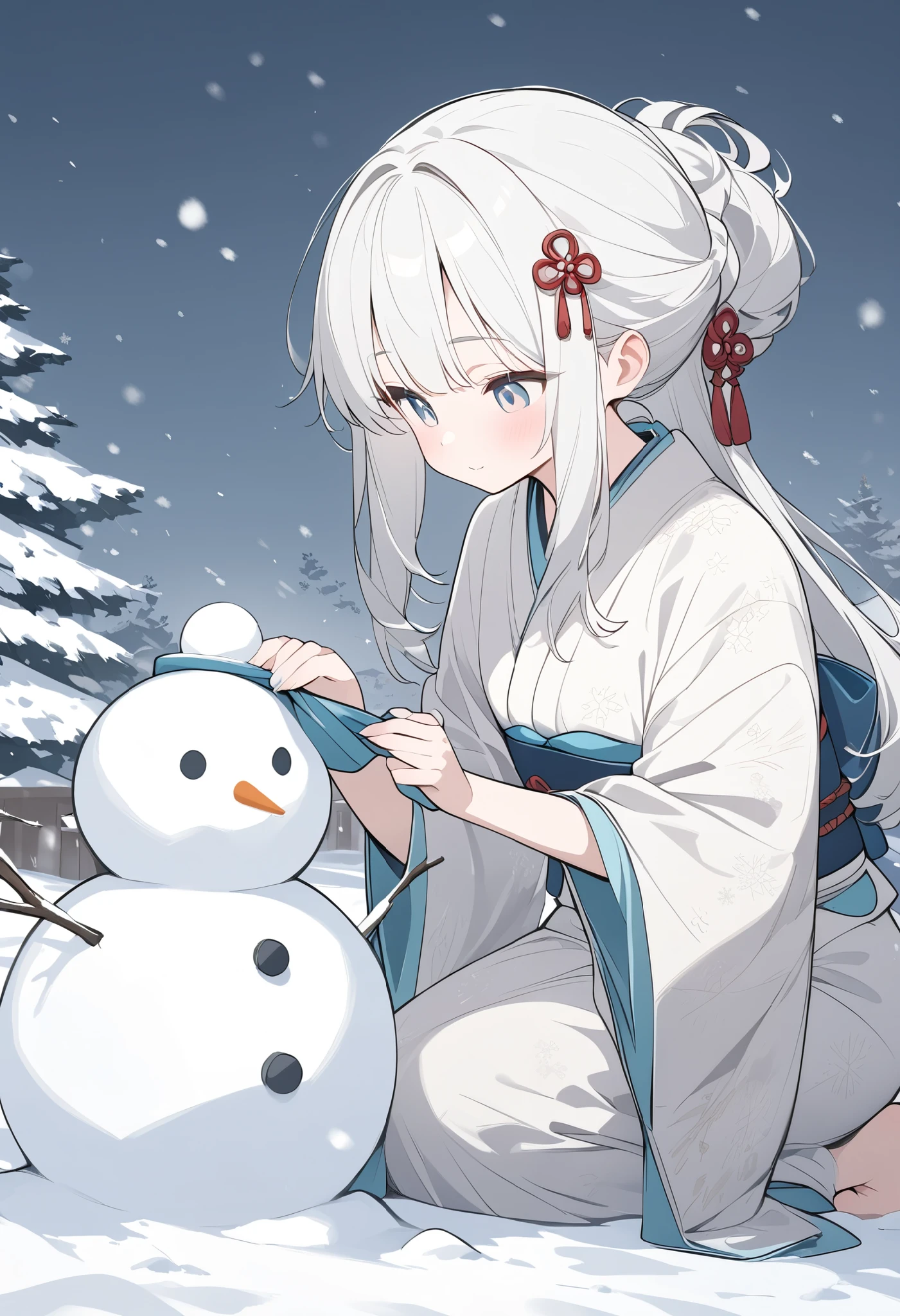 pale color and light line drawing 、 flat line design,Winter Scenery、 Works based on cool colors 、Snowman and Girl 、 cute、 White Kimono 、White Hair、 Long Hair Up to Her Legs、Snow Woman's Girl 、 Make a Snowman 、 Putting Snow on Her Head 、 Japanese Yokai